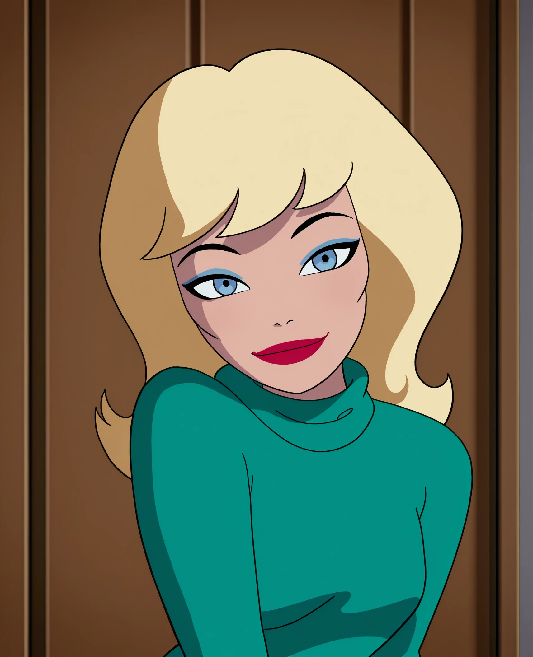 sapphirestagg, 1girl, blonde hair, long hair, green turtleneck, blue eyes,lipstick, makeup, looking at viewer, upper body, portrait,  cowboy shot,smile, masterpiece, best quality, amazing quality, very aesthetic, absurdres  <lora:SapphireStaggJLIllustrious1.0JLFO:1>