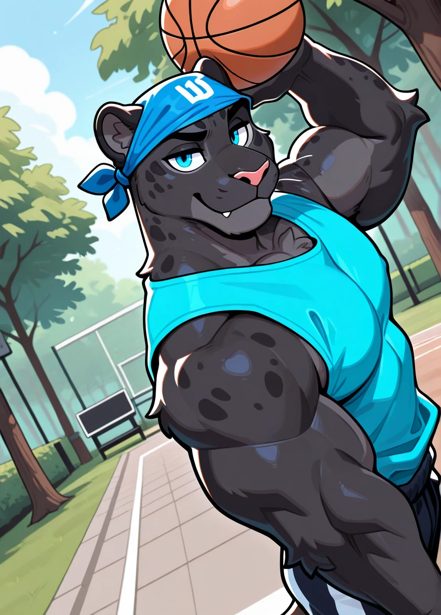 masterpiece, best quality, newest, absurdres, highres, 
anthro, solo, 1boy, panther, black, blue eyes, masculine, muscular,
blue undershirt, bandana on head, looking at viewer, dutch angle,
holding basketball,park,