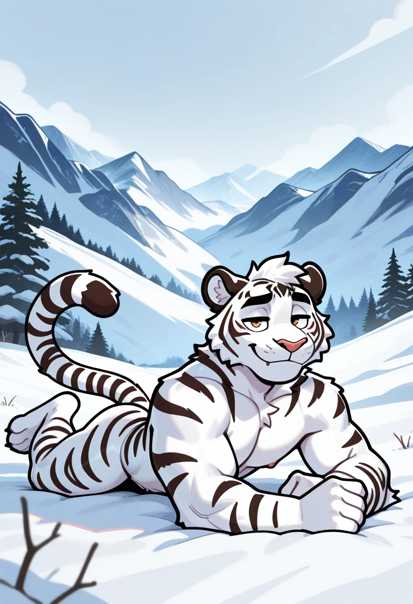 best quality, amazing quality, very aesthetic, absurdres, newest, civifur, male, anthro, solo, tiger, white body, stripes, bara, snow, mountains, lying, looking at viewer, ,