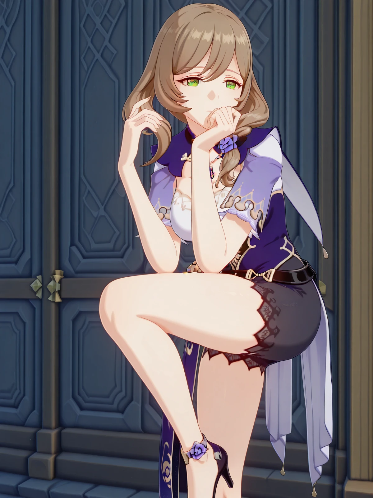 masterpiece, best quality, amazing quality,, <lora:genshin-lisa-minci-ingame-illustriousxl-lora-nochekaiser:1>, lisa minci, lisa (genshin impact), brown hair, green eyes, long hair, low tied hair, mature female, breasts, 3d, <lora:giuseppe-zanotti-spring-summer-2009-illustriousxl-lora-nochekaiser:1>, giuseppe zanotti spring summer 2009, solo, leg up, hands up, feet out of frame, hand on own chin, lookin at viewer, standing on one leg,, , ,