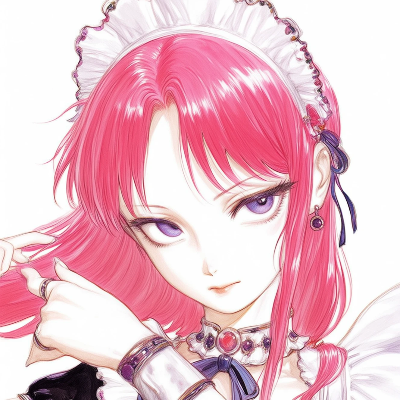 Yoshitaka Amano style. CivChan with pink hair wearing a maid outfit