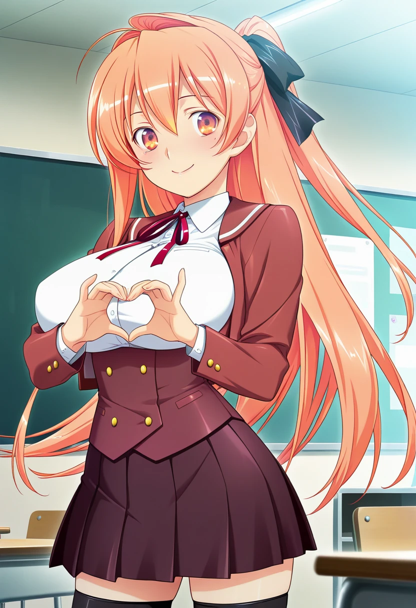 masterpiece, best quality, amazing quality, very aesthetic, absurdres, ultra detailed, anime_coloring, anime_screencap,
1girl, solo, m1kam1_ak1ra, long hair, ponytail, orange hair, orange eyes, hair ribbon BREAK school uniform, neck ribbon, red jacket, pleated skirt, long sleeves, framed breasts, zettai ryouiki, black thighhighs, 
standing, smile, heart hands, cowboy shot, classroom, sharp focus, depth of field <lora:mikami akira  v1.0a-000012:0.9>
