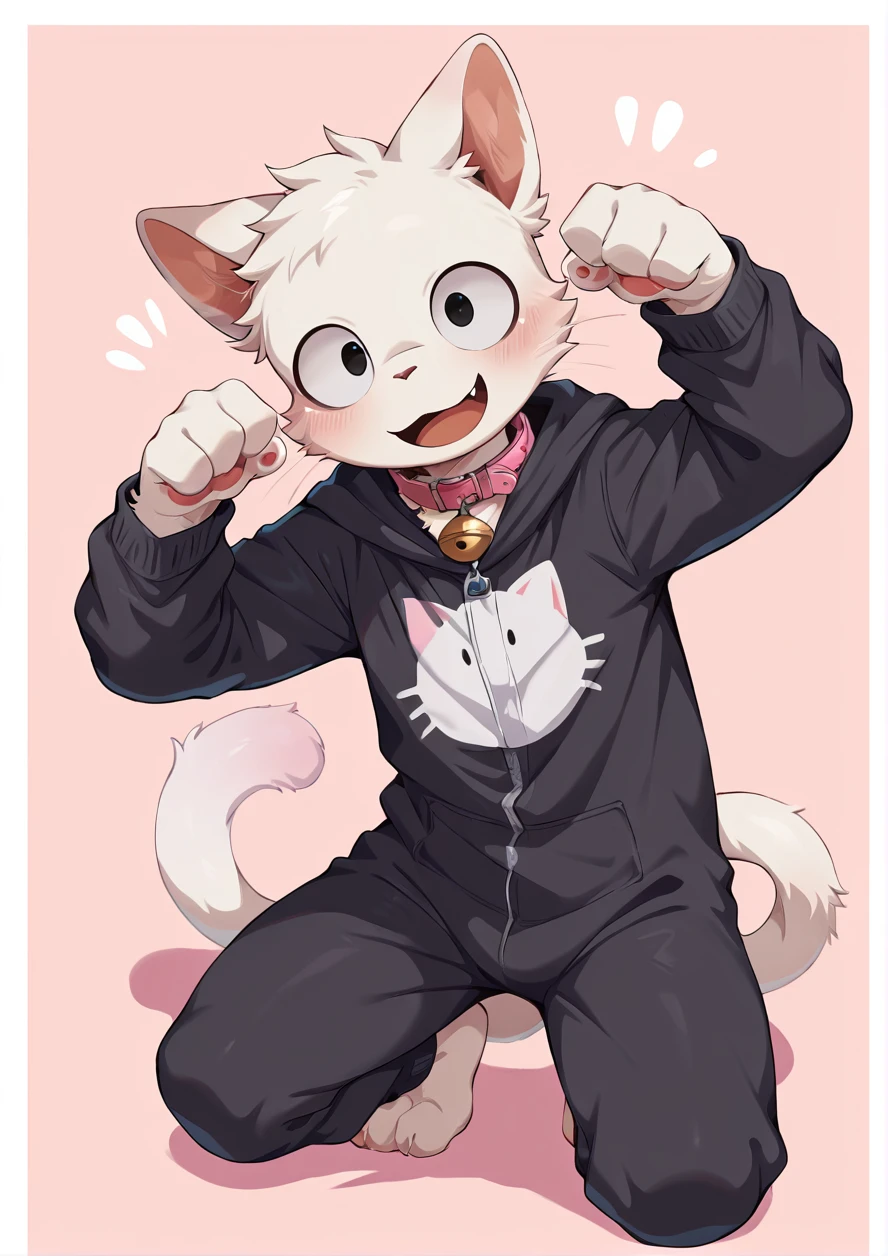 masterpiece,best quality,high quality,highly detailed,intricate,8k,absurdres,1boy,solo,furry boy,round eyes,sanpaku,furry,white fur cat,black cat costume,cat ears,white cat tails,cat collar,pink background,simple background,cat pose,cute smile,fang,blush,,<lora:ããããwaryusya_IL7:1>