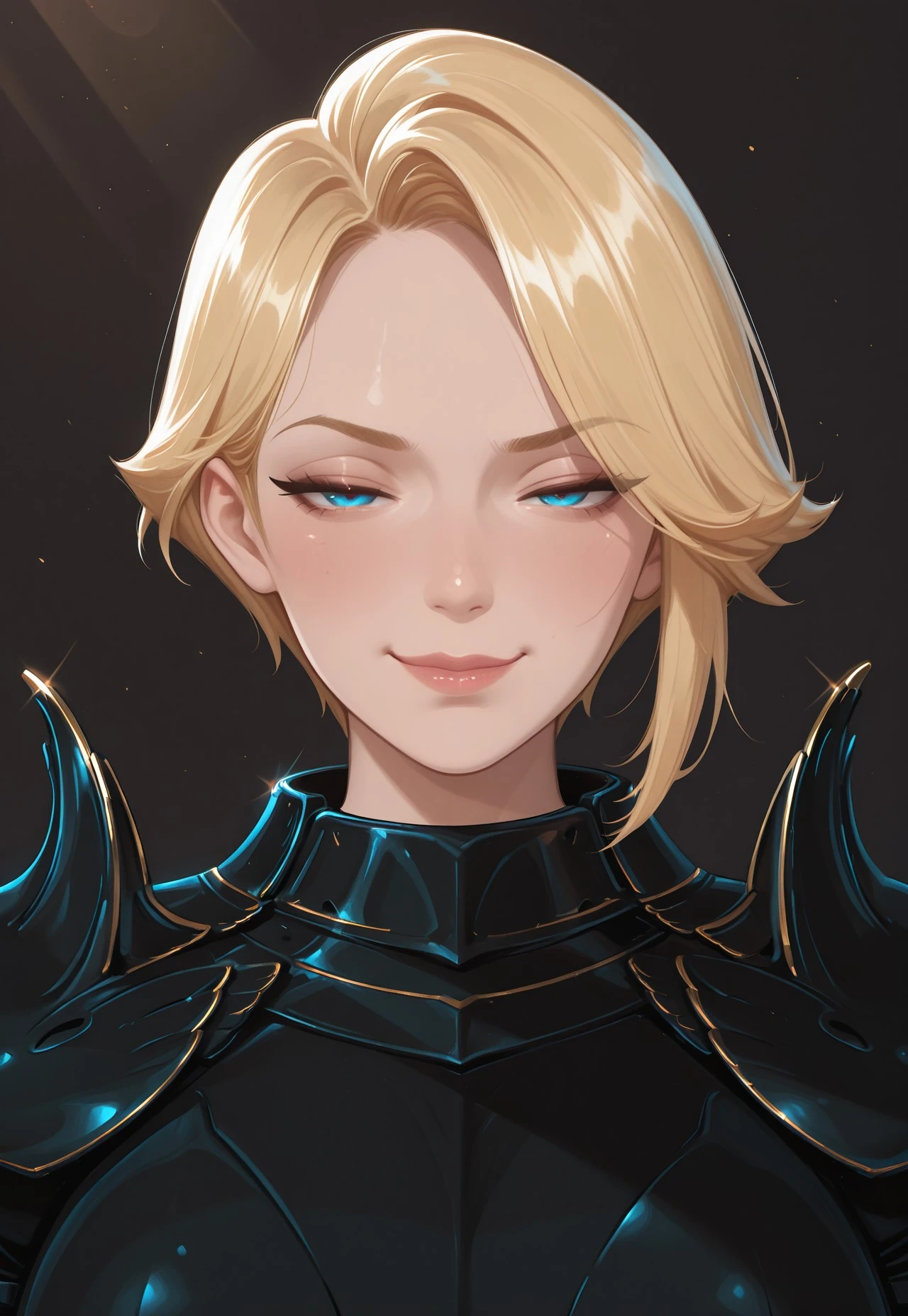 masterpiece, best quality, amazing quality, very aesthetic, absurdres, newest, 1girl, CrowToTrample, blonde hair, short hair, blue eyes, close-up, portrait, breastplate, shoulder armor, elbow armor, armored collar, seductive dominant expression, narrowed eyes, subtle smirk, intense gaze, head slightly tilted, lip gloss, flushed cheeks, glowing skin, cinematic lighting, rim light, soft shadows, in control, elegant, strong, mysterious, solo, minimal background