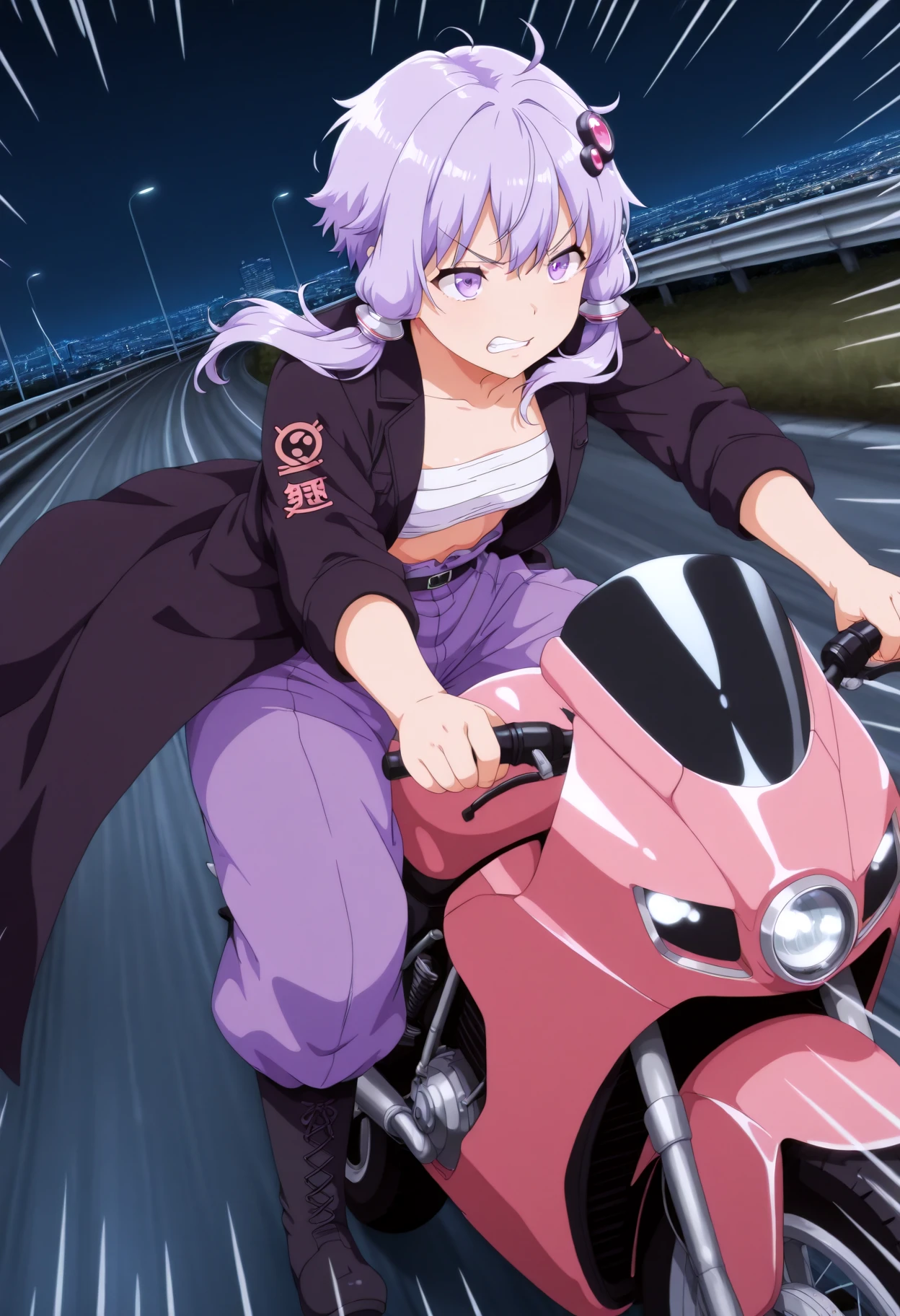 highres, hi res, best quality, masterpiece, anime coloring, anime screencap, TRexStyle,
1girl, solo,yuzuki yukari, hair ornament,
v-shaped eyebrows, clenched teeth,
TokkoFuku, purple long coat, purple puffy pants, pants tucked in, black boots, open clothes,
black belt, chest sarashi,
<lora:TokkoFuku-IL-v1-rev1:1>
at night, outdoors, lamppost, city lights, highway, (speed lines, emphasis lines:1.8),
dutch angle, holding handlebar,
<lora:Duccio CLIP:1> Duccio, riding motorcycle, driving, leaning forward,