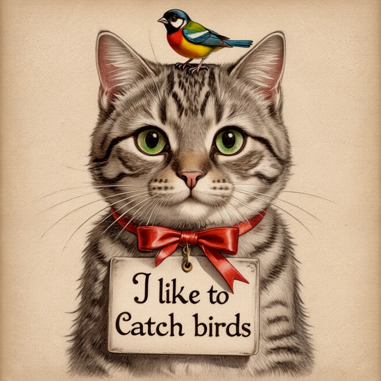 Vintage drawing style.
A cat with a sign around its neck, hanging from red ribbon. Text: I like to catch birds
The cat has a colorful bird perched on its head.