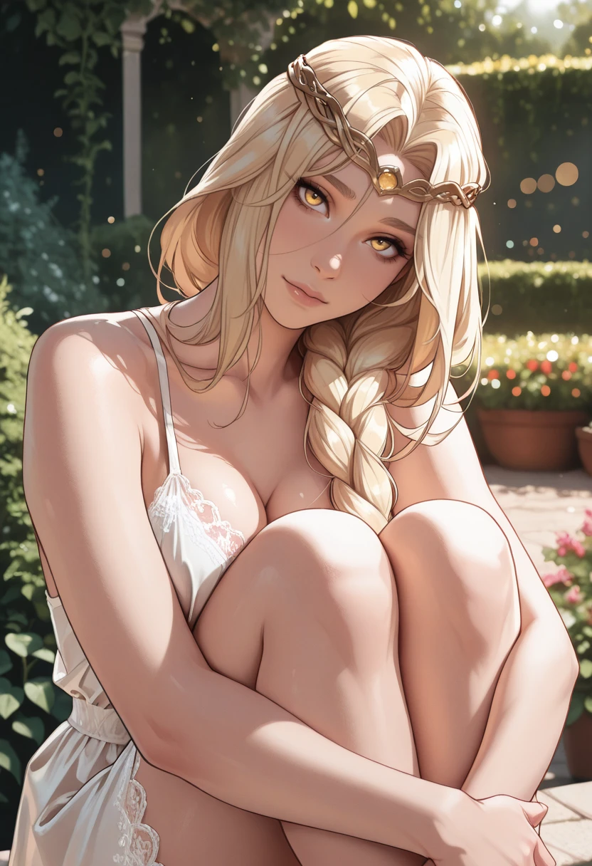 very awa, masterpiece, best quality, absurdres, newest, perfect quality, detailed background, intricate details, solo,
<lora:ILERMarika:1.0>
ERMarika, 1girl, long hair, single braid, blonde hair, circlet, yellow eyes, looking at viewer, outside, garden, lush greens, dappled sunlight, bokeh, upper body, head tilt, sitting, hugging own legs, lace panty visible a little, sundress