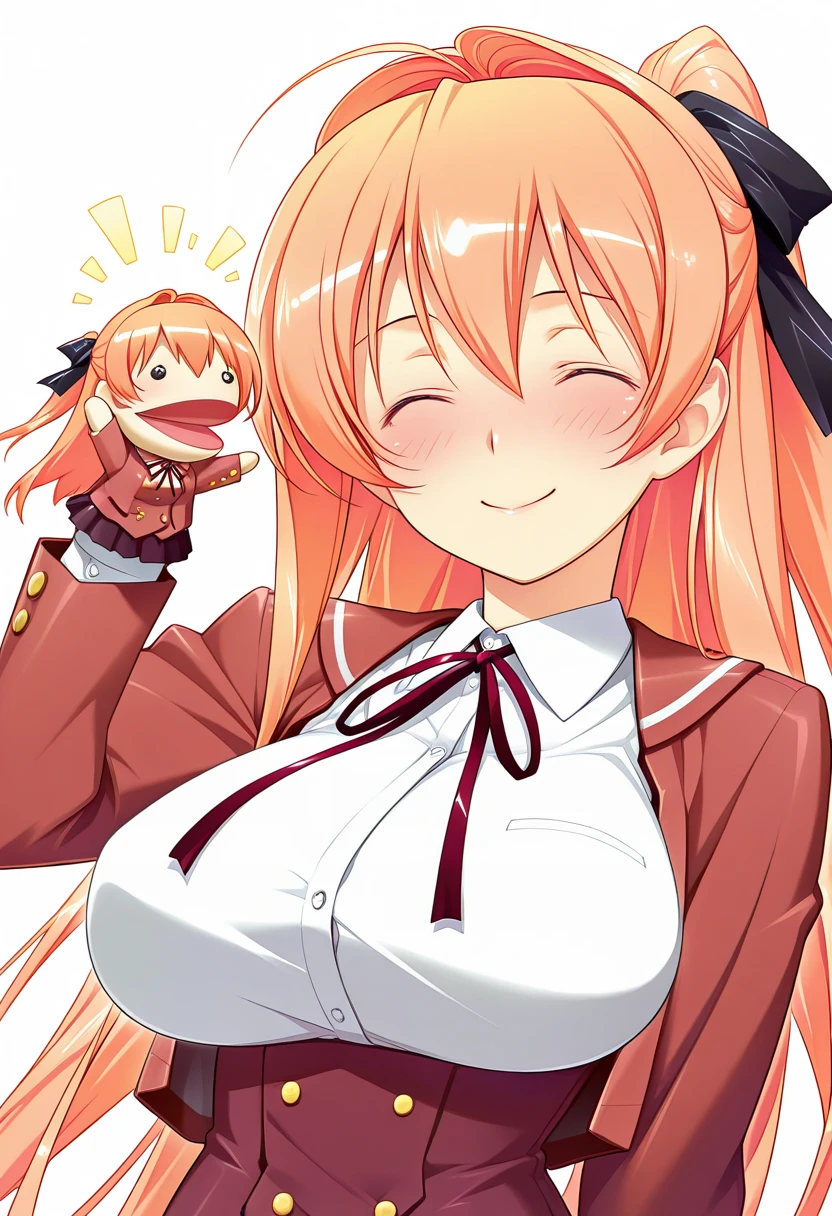 masterpiece, best quality, amazing quality, very aesthetic, absurdres, ultra detailed, 
1girl, solo, m1kam1_ak1ra, long hair, ponytail, orange hair, orange eyes, hair black ribbon BREAK school uniform, neck ribbon, red jacket, pleated skirt, long sleeves, framed breasts, 
^ ^, shy smile, blush, standing, hppt,hand puppet, happy aura, simple background, white background, upper body, soft shadows <lora:hand_puppet_IL_v1:1> <lora:mikami akira  v1.0a-000012:1>