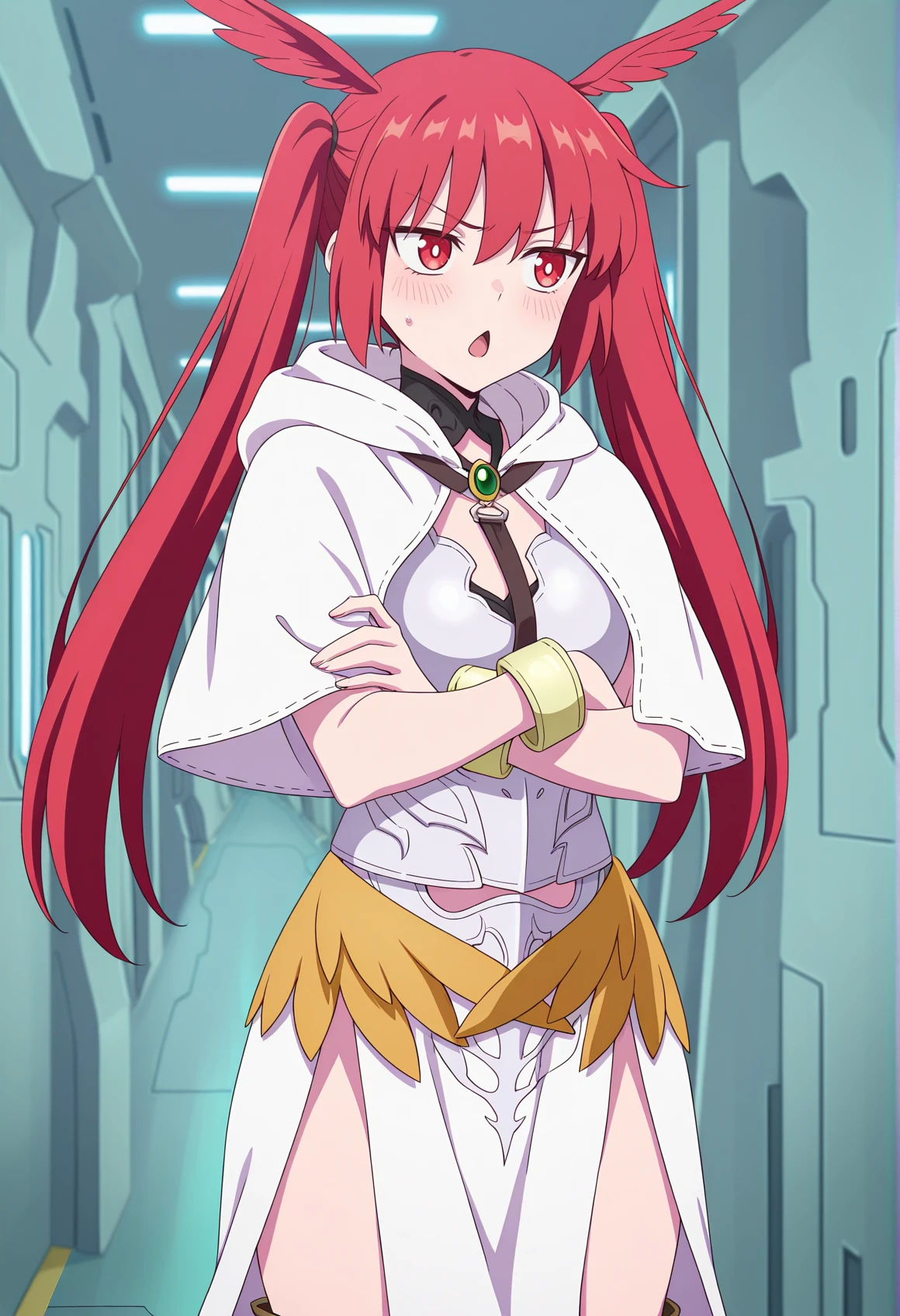 anime coloring, anime screencap, 1girl, head wings, armor, bracelet, waist cape, capelet, Hood, chestnut mouth, indoors, long hair, red eyes, tsundere, twintails, spacecraft interior, hallway, crossed arms, red hair<lora:valkyries_FGO:1>, masterpiece, best quality, amazing quality, very aesthetic, absurdres, highres, newest