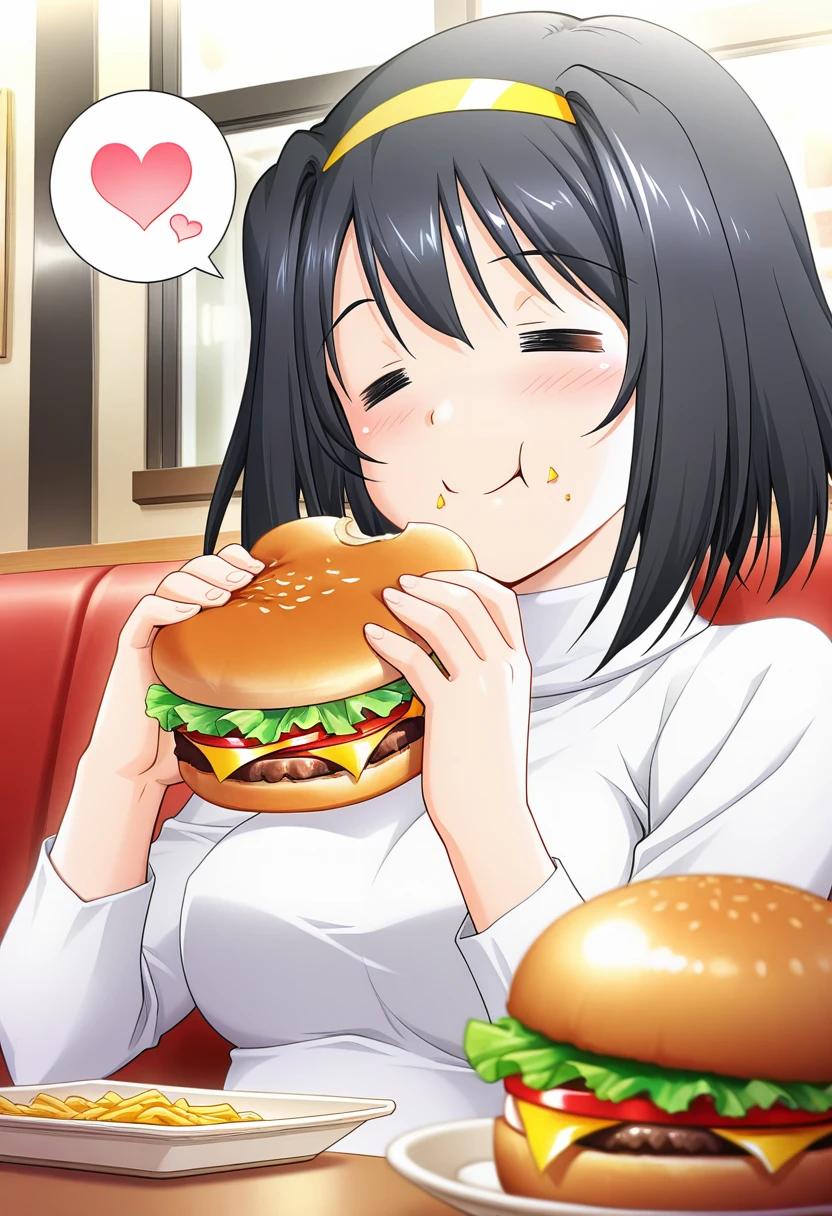 masterpiece, best quality, amazing quality, very aesthetic, absurdres, ultra detailed,
1girl, solo, ak3h1me_m@yu, black hair, short hair, yellow hairband, shiny skin BREAK smile, blush, (= =:1.2), turtleneck, nibble, Eating alone, juicy burger, spoken heart, in restaurant, sharp focus, depth of field,<lora:akehime mayu v1.0-000014:1>