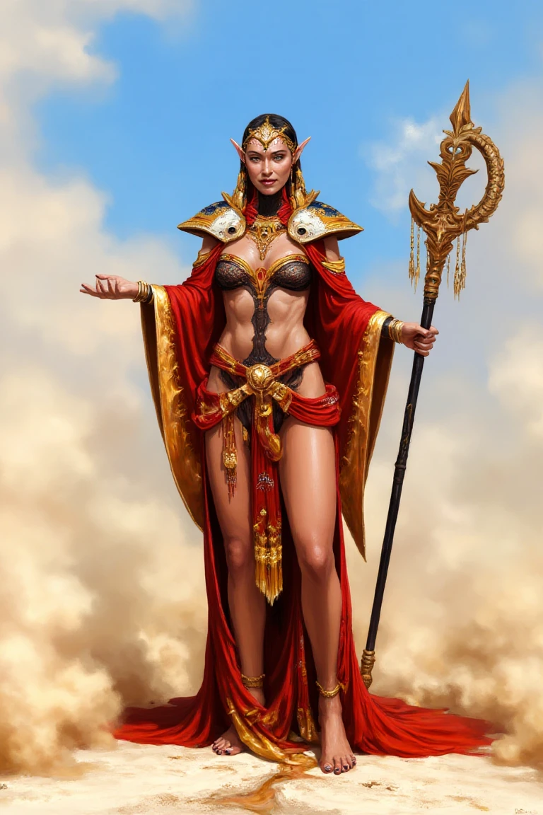 Painted Illustration of a powerful woman standing in a desert landscape under a blue sky with clouds, wearing a long flowing red and gold outfit with intricate patterns, a red cape with gold accents, and a gold skull-like headpiece. She holds a large ornate staff with a curved handle and pointed tip, arms outstretched, fierce expression, dramatic lighting, epic and intense mood, cinematic composition, highly detailed.