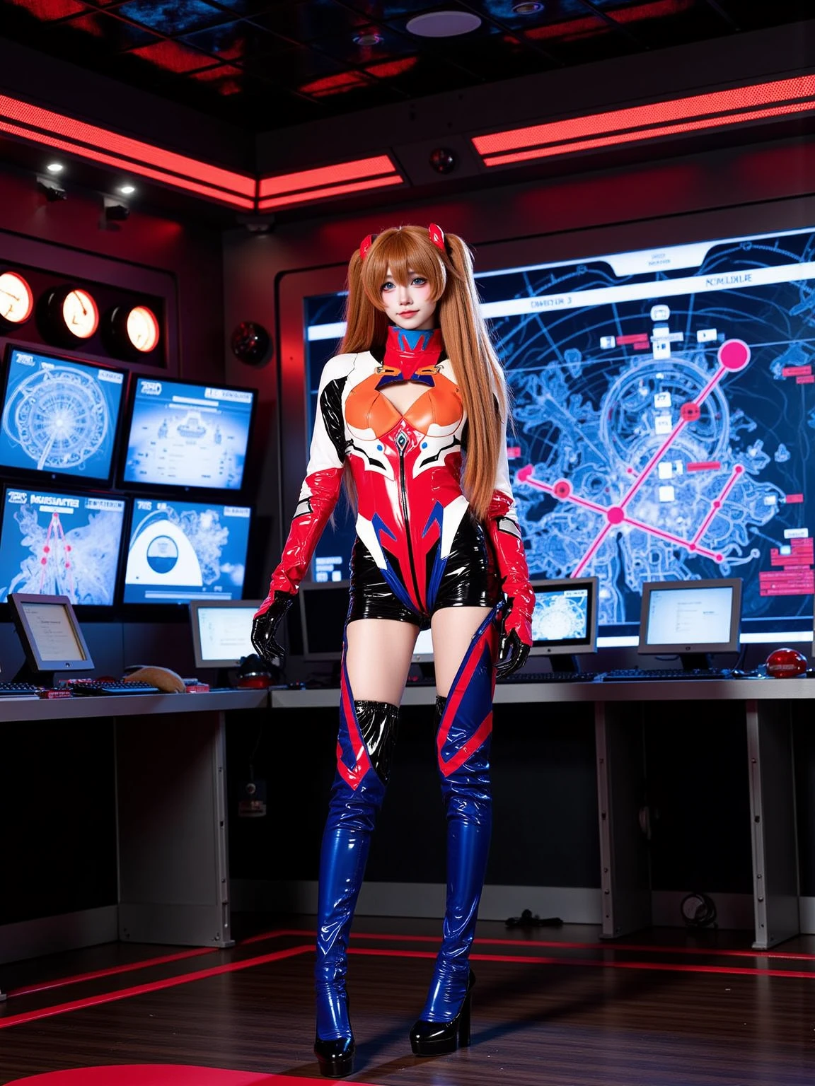 A realistic photo of a tall and slender beautiful young woman in cyb-asuka cosplay costume. She is also wearing gloves and black high heels. She has long orange twintails hair with interface headset.
The scene is A high-tech command center filled with glowing holographic screens, tactical maps, and mechanical consoles. Red emergency lights cast sharp shadows on the metallic walls. Rows of data panels display incoming alerts, and a giant digital map of Tokyo-3 dominates the room, creating a tense and urgent atmosphere.
The photo is a full body shot with her entire body visible and with intricate details scene.