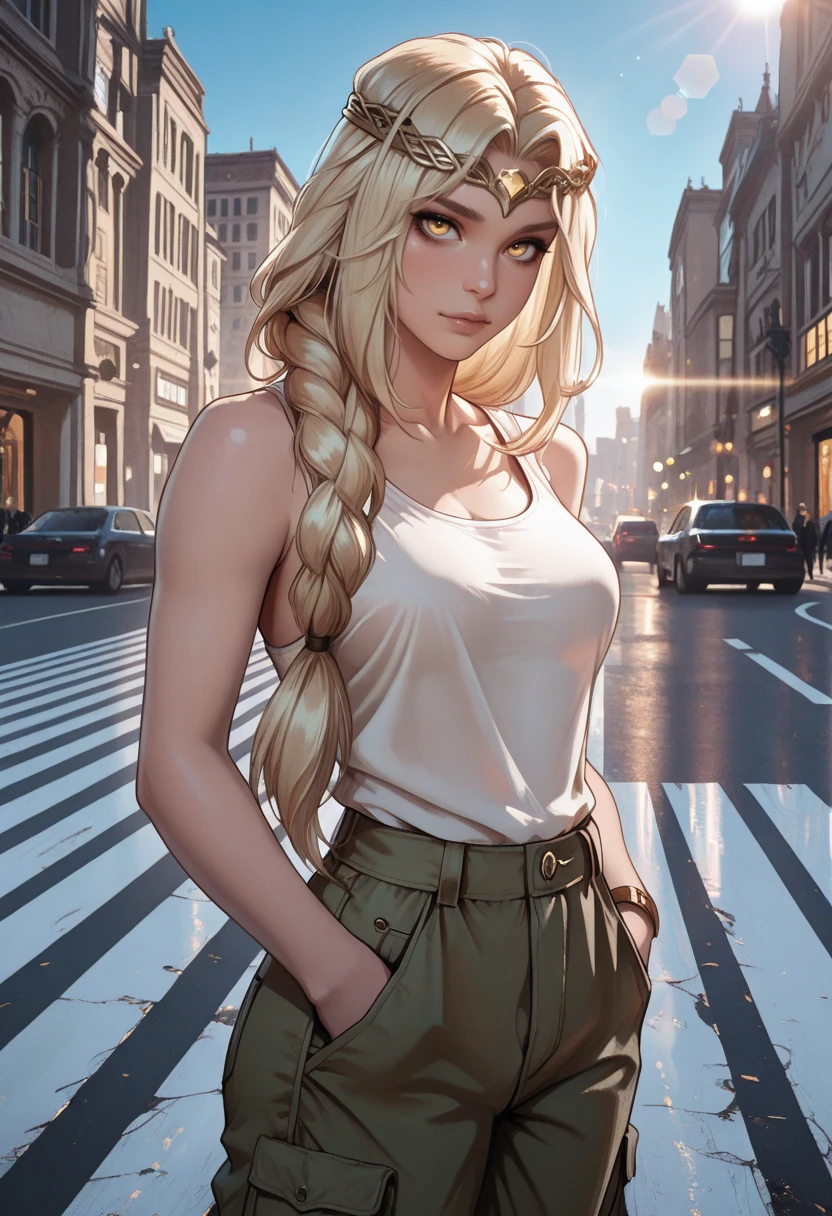 very awa, masterpiece, best quality, absurdres, newest, perfect quality, detailed background, intricate details, solo,
<lora:ILERMarika:1.0>
ERMarika, 1girl, long hair, single braid, blonde hair, circlet, yellow eyes, looking at viewer, masterpiece, best quality, absurdres, highres, open linen shirt, white tank top under, cargo pants, one hand in pocket, cowboy shot, standing in crosswalk, urban vibe, blue sky, sunny light, lens flare