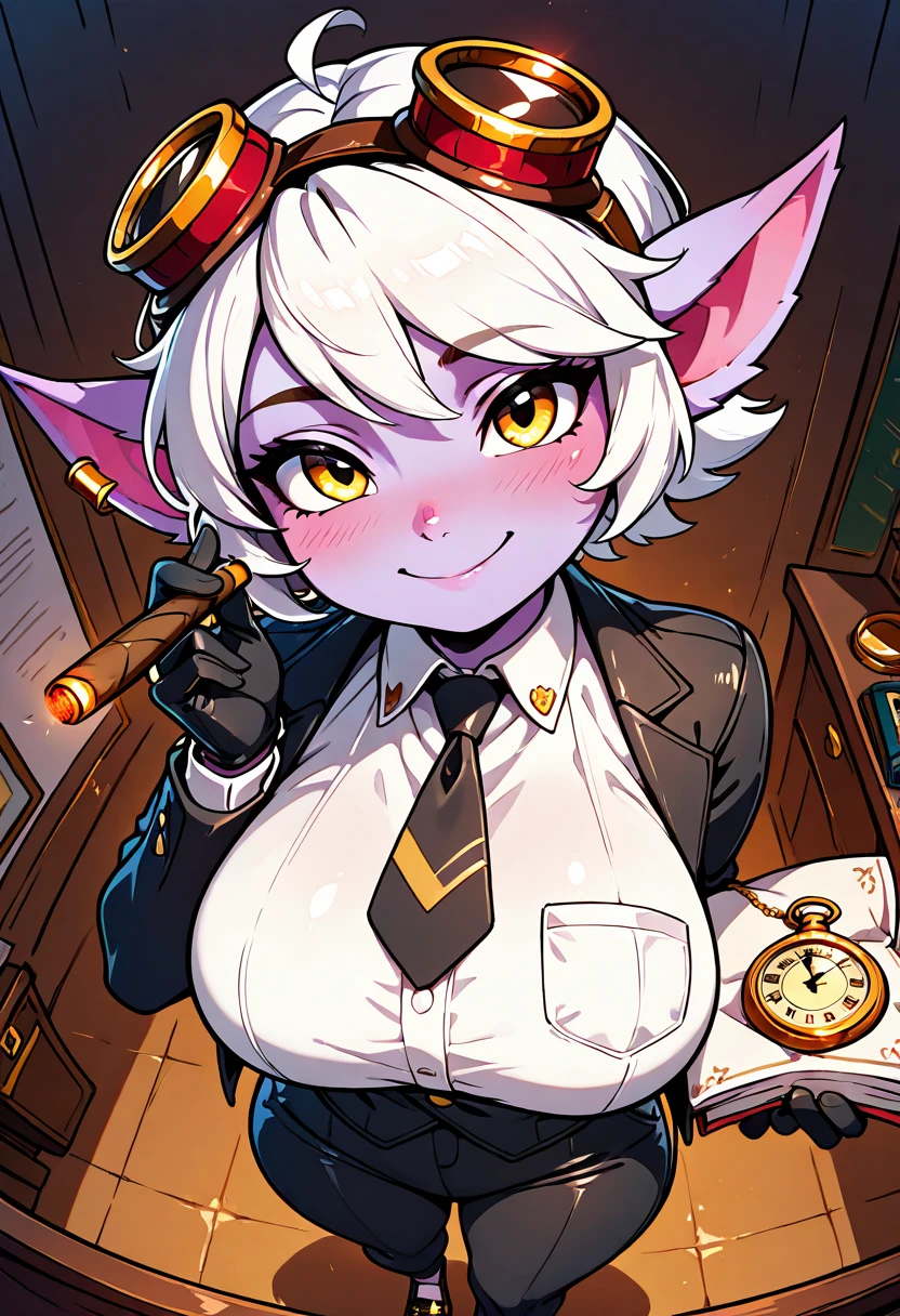 masterpiece, best quality, solo, curvy, beautiful eyes, narrow waist, wide hips, 1girl, solo, smile, looking at viewer, dynamic angle, foreshortening, close up,    zzTristana, yellow eyes, pointy ears, white short hair, purple skin, goggles on head, yordle,   ,<lora:TristanaIXL_v2:0.6>,[Don of the Syndicate], sharp, tailored black suit with a velvet finish, white dress shirt with a silk black tie, black leather gloves with gold rings, polished oxford shoes, gold pocket watch with intricate engravings, dark sunglasses, and a white silk handkerchief in the breast pocket, standing at a mahogany desk in a luxurious office, cigar in hand, exuding authority,