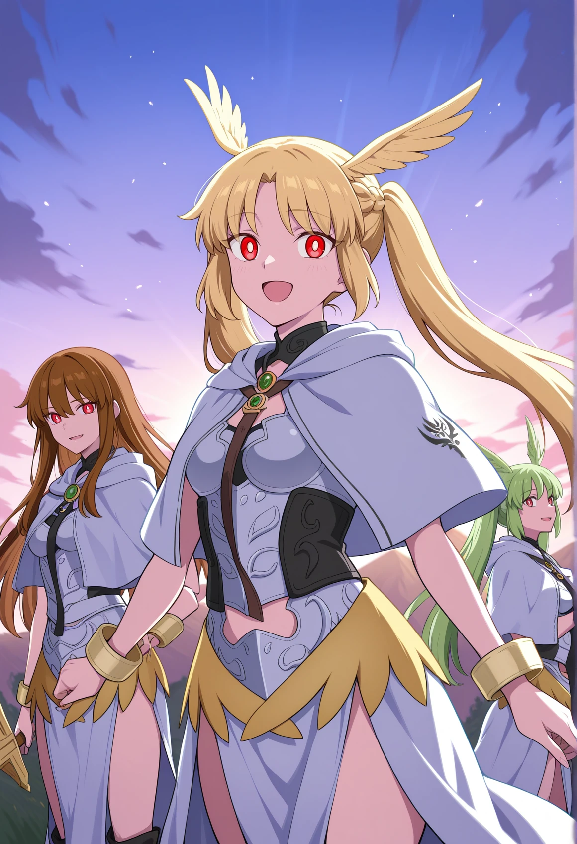 qnime coloring, 3girls, outdoors, heaven, cowboy shot, 1girl, head wings, armor, bracelet, waist cape, capelet, brown hair, long hair, red eyes, expresionless
BREAK
anime coloring, 3girls, outdoors, heaven, cowboy shot, 1girl, head wings, armor, bracelet, waist cape, capelet, short hair, blonde hair, sidelocks, red eye, french braid, smile, open mouth
BREAK
anime coloring, 3girls, outdoors, heaven, cowboy shot, 1girl, head wings, armor, bracelet, waist cape, capelet, long hair, green hair, twintails, red eyes, smile <lora:valkyries_FGO:1>, masterpiece, best quality, amazing quality, very aesthetic, absurdres, highres, newest