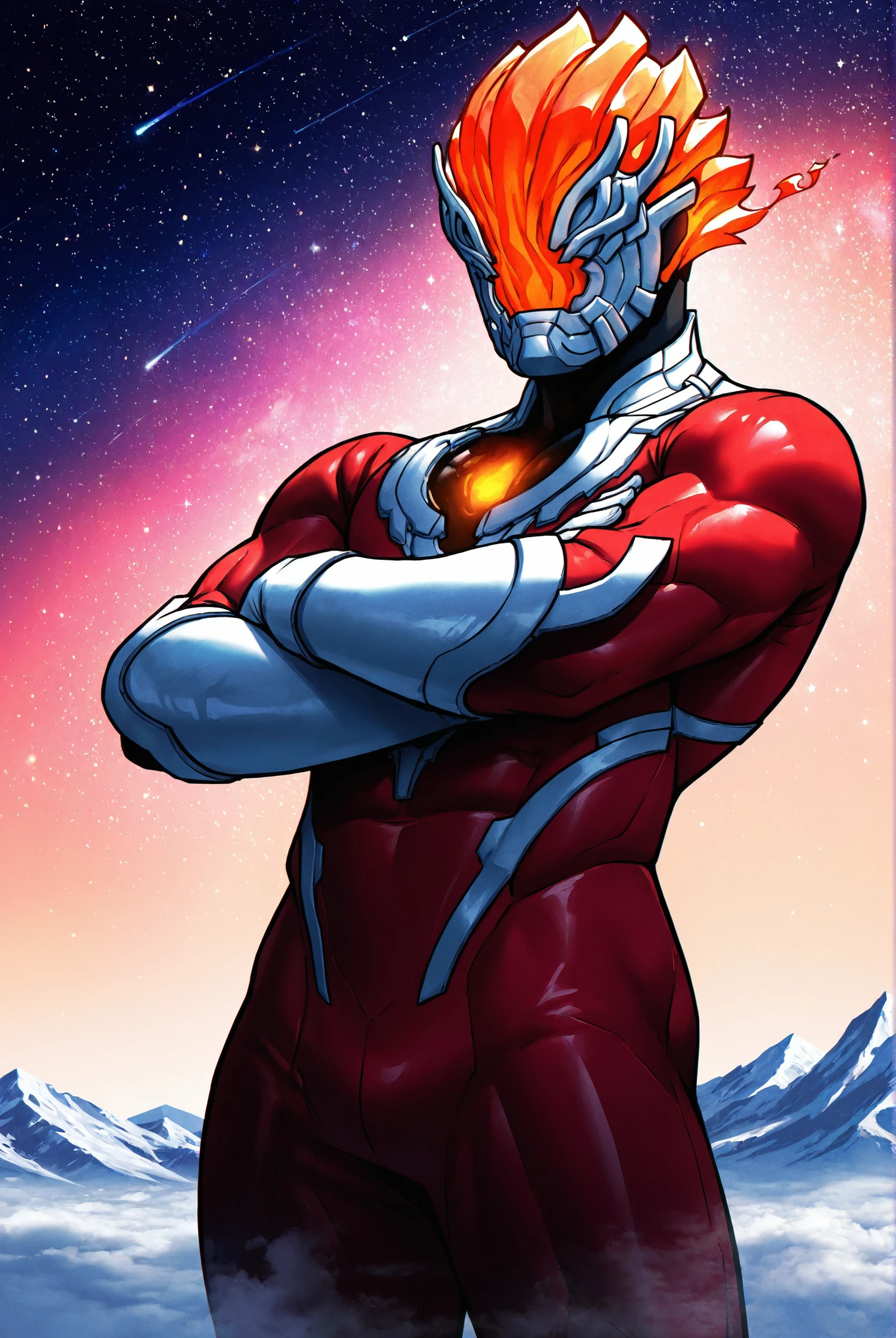 very awe,aesthetically pleasing,masterpiece,best quality,amazing quality,very aesthetic,ultra-detailed,high resolution,8k,1boy,solo,cowboy shot,male focus,detailed face,flaming head,helmet,bodysuit,gloves,white gloves,alien,red bodysuit,standing,crossed arms,giant,star,sky,<lora:add-detail-xl:1>,<lora:glen fire:0.7>,glen fire,<lora:LYDart StyleIlluLYCO:0.2>,ydart,