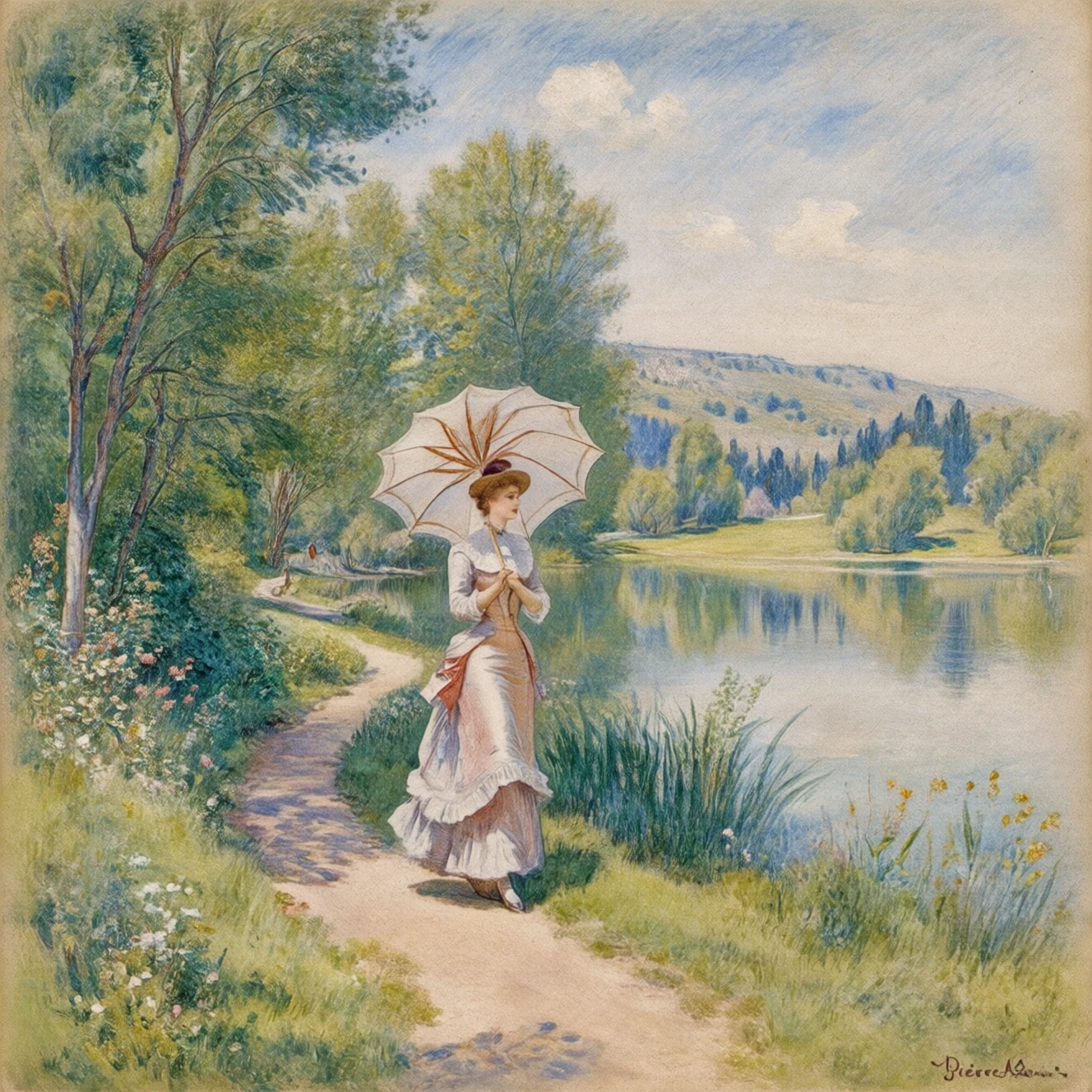 Vintage Watercolor of a lake, a path winding around the lake, a beautiful woman strolling with a parasol.
(In the style of Pierre-Auguste Renoir). 1880s style.