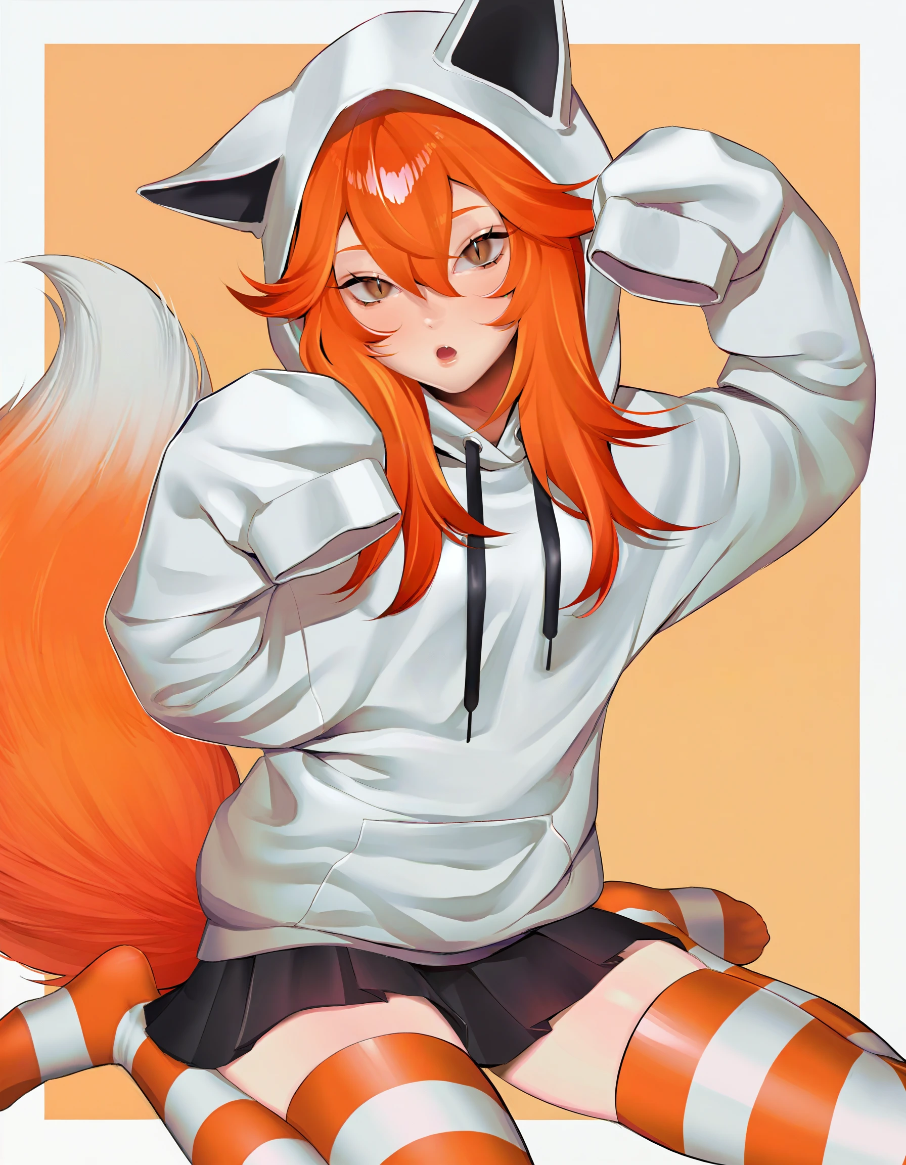lavelis, <break>  1girl, white hoodie, orange hair, hair between eyes, long hair, orange theme, sleeves past fingers, thighhighs, black skirt, pleated skirt, hood up, brown eyes, striped thighhighs, slit pupils, oversized clothes, j-fashion, fox tail, paw pose, wariza, outside border, light orange background,, <break> very awa, masterpiece, best quality, amazing quality, highres, detailed background, ultra-detailed, <segment:yolo-face_yolov8n.pt,0.3,0.4//cid=11> <segment:yolo-hand_yolov8n.pt,0.3,0.4//cid=12>