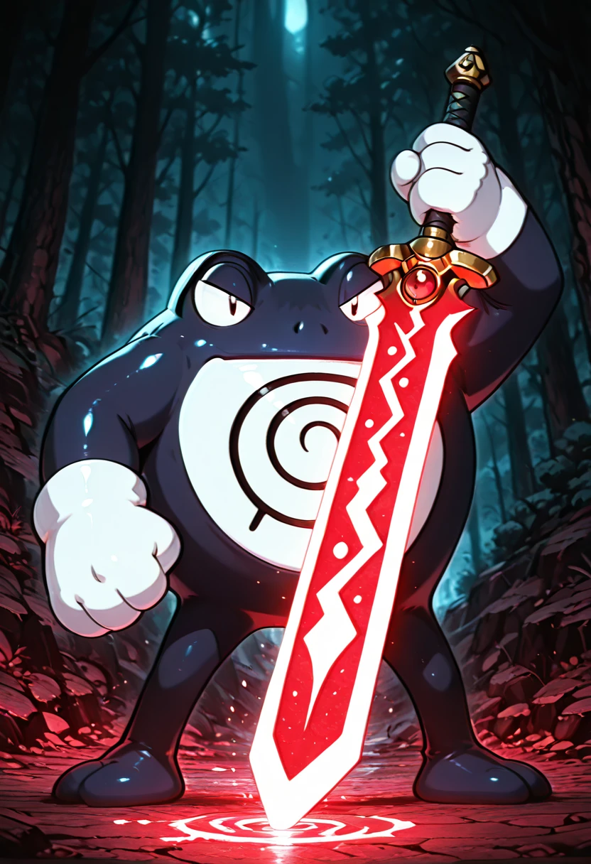 masterpiece, best quality, solo, zzPoliwrath,  , <lora:PoliwrathPokedex_IXL:1.0>, , solo, looking at viewer, C1tr0nSw0rd, glowing sword, cinematic lighting, rim light, detailed background, depth of field, volumetric lighting,   <lora:EpicSwordStyle_IXL:1.0>,