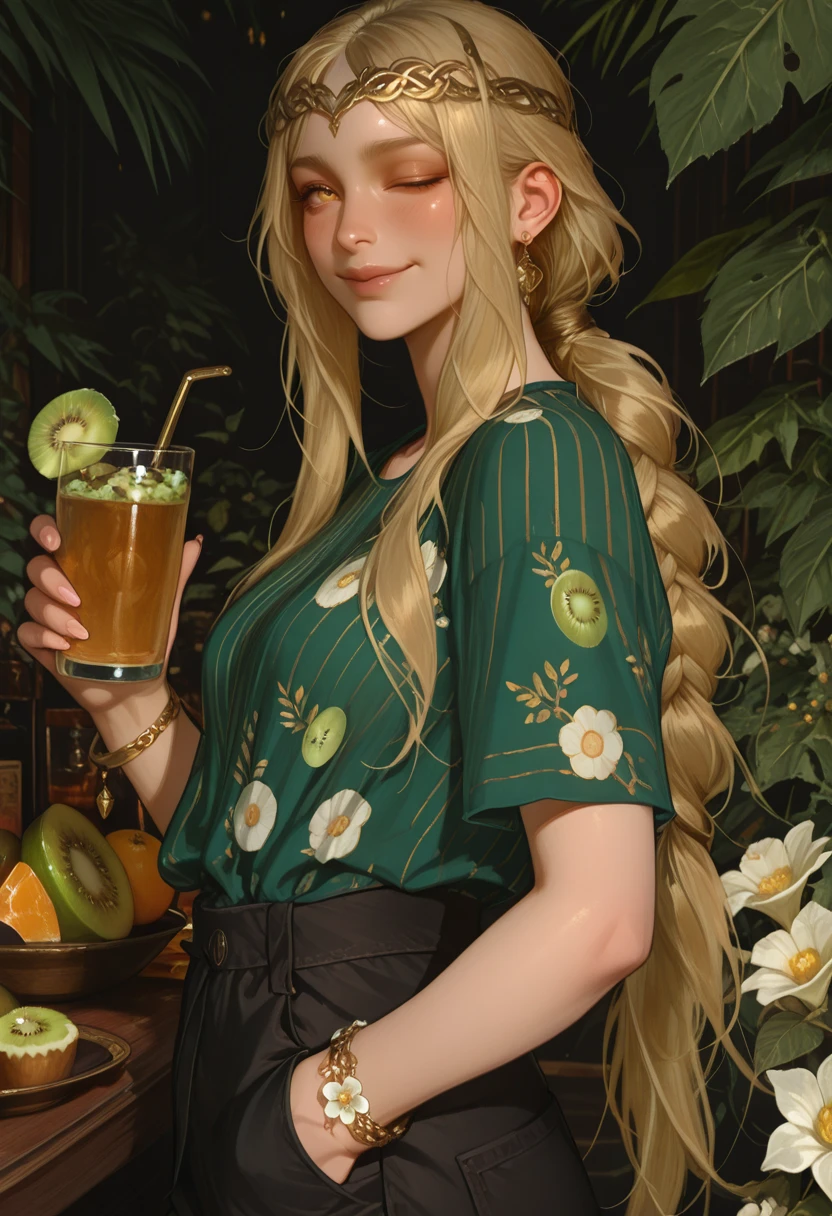 very awa, masterpiece, best quality, absurdres, newest, perfect quality, detailed background, intricate details, solo,
<lora:ILERMarika:1.0>
ERMarika, 1girl, long hair, single braid, blonde hair, circlet, yellow eyes, looking at viewer, black shorts, blush, bracelet, cup, earrings, floral print, flower, flower bracelet, food, food print, fruit, green shirt, hand in pocket, holding cup, jewelry, kiwi fruit, kiwi slice, leaf, looking at viewer, one eye closed, ponytail, shirt, short sleeves, shorts, sidelocks, smile, strap, striped clothes, striped shirt, trinkets, white flower