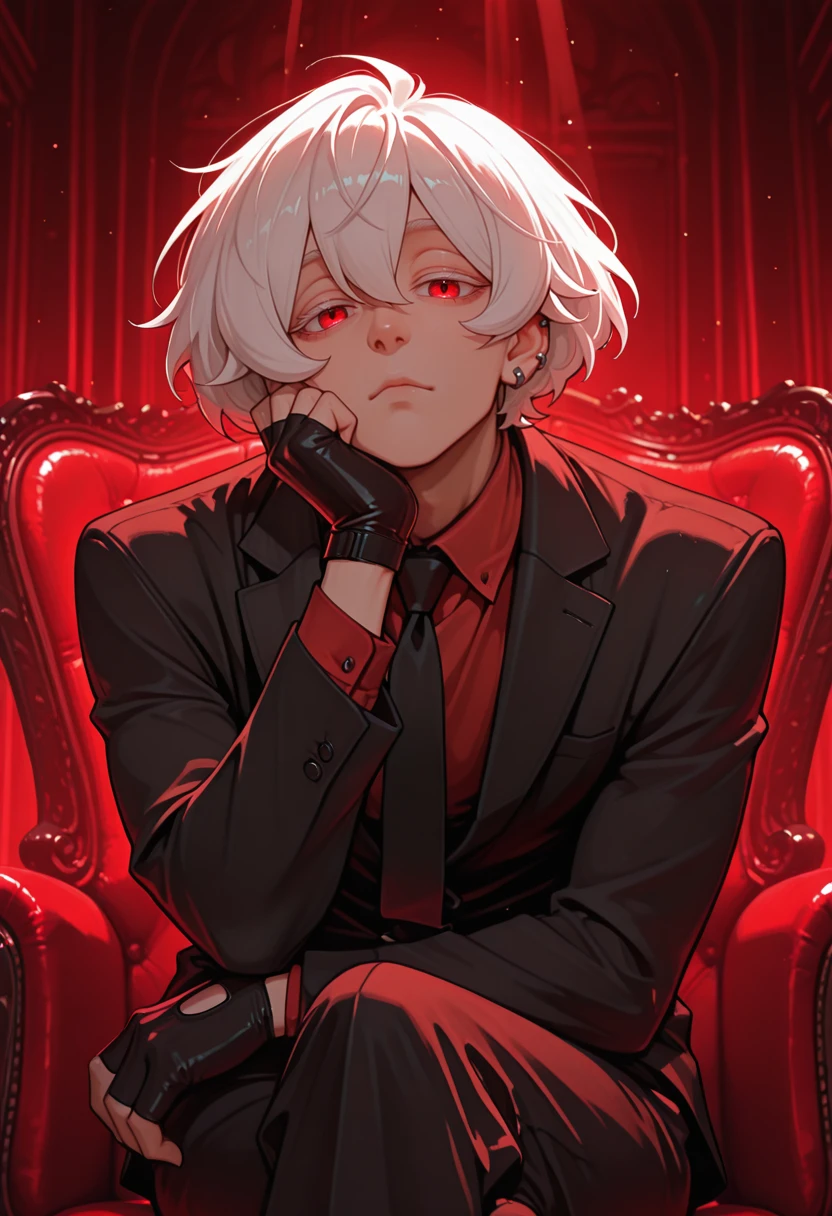 very awa, masterpiece, best quality, absurdres, newest, perfect quality, detailed background, intricate details, solo,
<lora:ILB4kut3nM4sh1ro:1>
B4kut3nM4sh1ro, 1boy, male focus, white hair, hair between eyes, red eyes, short hair, colored eyelashes, looking at viewer, formal, black suit, black fingerless gloves, black necktie, covered nipples, red undershirt, sitting, crossed legs, black pants, chair, jewelry, ear piercing, looking at viewer, black jacket, long sleeves, yandere, bored expression, thinking, leaning forward, BREAK, cinematic, natural lighting, volumetric lighting, light particles, sunbeam, fantasy, scenery, vibrant, warm colors, bloom, subsurface scattering, red theme, backlighting, upper body shot, dark, low angle