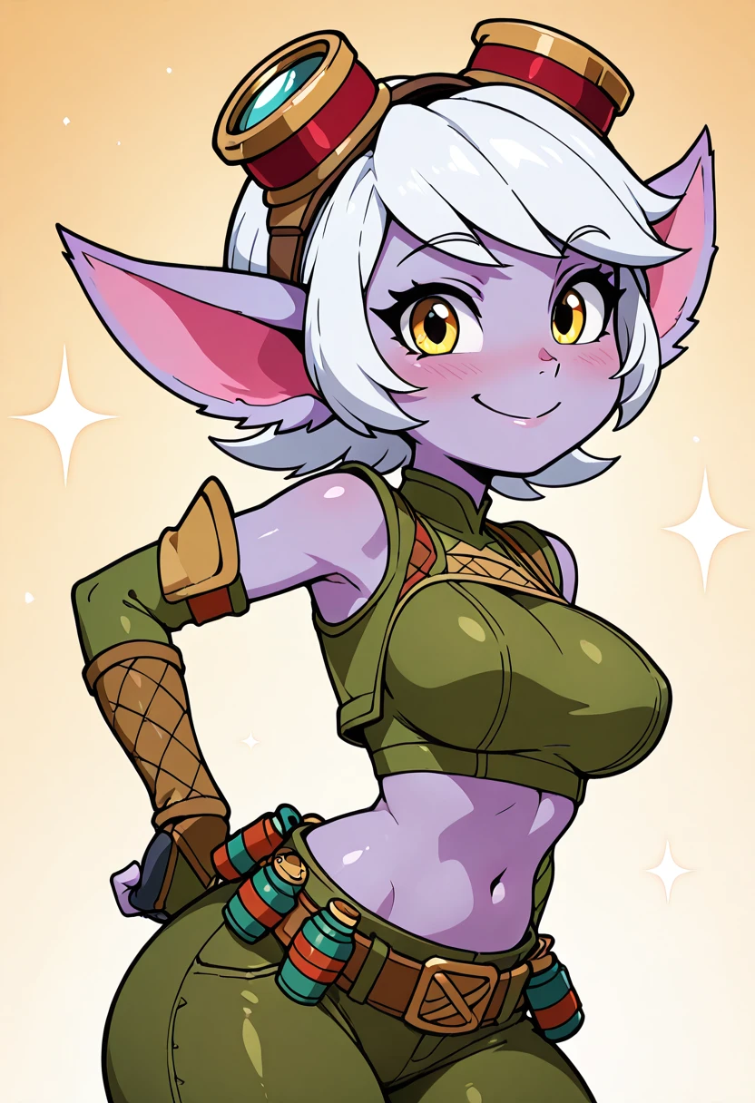 masterpiece, best quality, solo, curvy, beautiful eyes, narrow waist, wide hips, 1girl, solo, smile, looking at viewer, foreshortening, close up, anime screenshot, large breasts, zzTristana, yellow eyes, pointy ears, white short hair, purple skin, goggles on head, green crop top, navel exposed, arm sleeves, fingerless gloves, green pants, belt, grenade belt, yordle, ,<lora:TristanaIXL_v2:0.7>,side view, ass, leaning forward, cowboy shot, smile, looking at viewer, shiny skin,