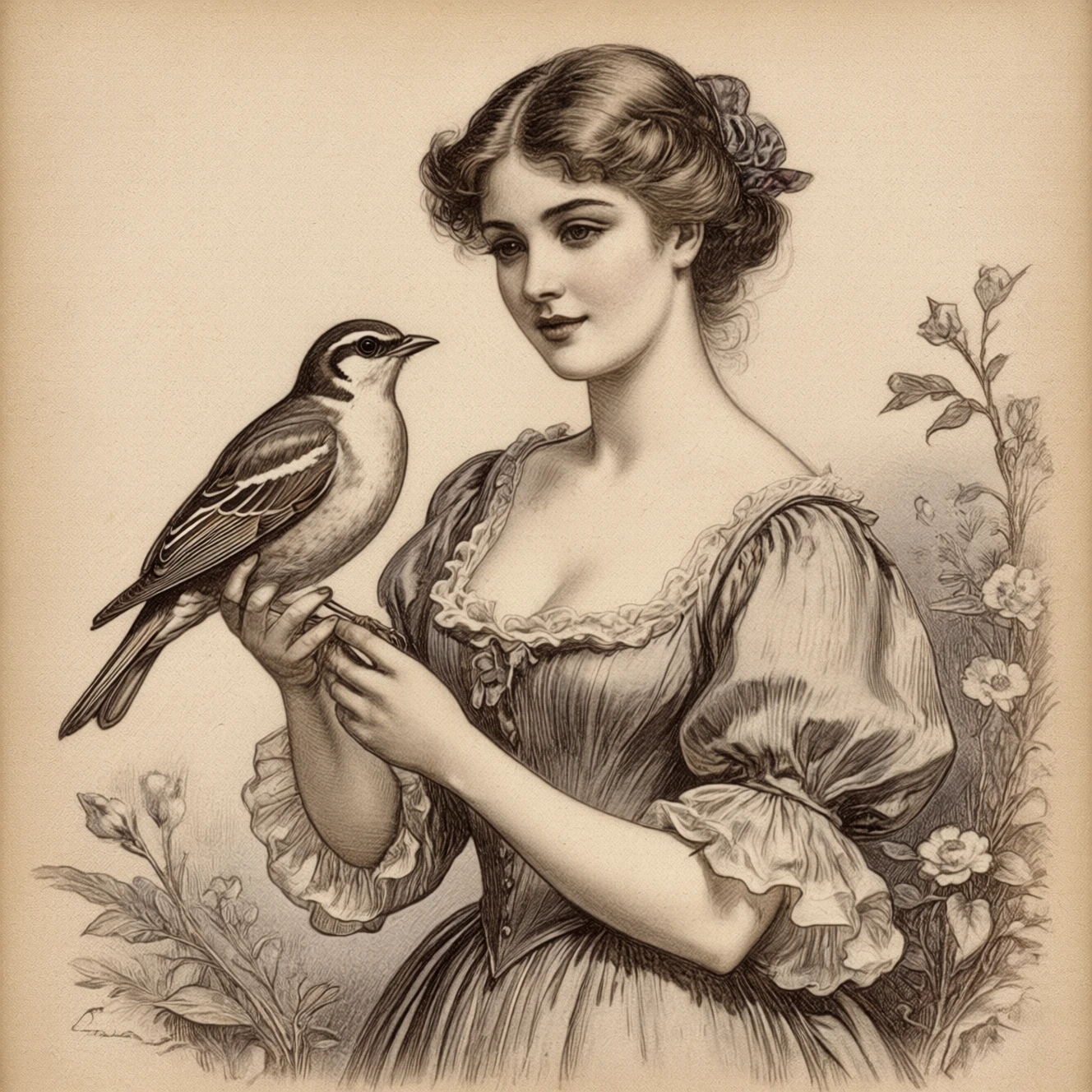Vintage drawing style.

A woman holding a bird.