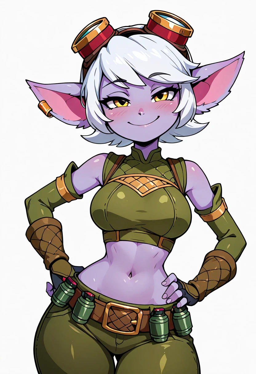 masterpiece, best quality, solo, curvy, beautiful eyes, narrow waist, wide hips, 1girl, solo, smile, looking at viewer, foreshortening, close up, anime screenshot, large breasts, zzTristana, yellow eyes, pointy ears, white short hair, purple skin, goggles on head, green crop top, navel exposed, arm sleeves, fingerless gloves, green pants, belt, grenade belt, yordle, ,<lora:TristanaIXL_v2:0.7>,cowboy shot, hand on hip, smug, smile, looking at viewer, shiny skin,