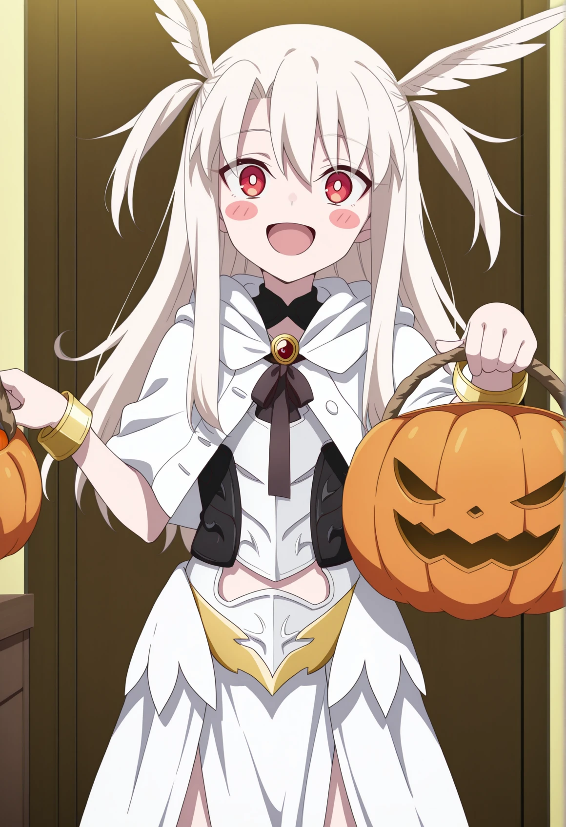 anime coloring, anime screencap, 1girl, head wings, armor, bracelet, waist cape, capelet, holding pumpkin basket, halloween, long hair, two side ups, white hair, red eyes, smile, open mouth, looking at viewer, indoors <lora:valkyries_FGO:1> <lora:Illya_Illus:1> blush stickers, very happy, masterpiece, best quality, amazing quality, very aesthetic, absurdres, highres, newest