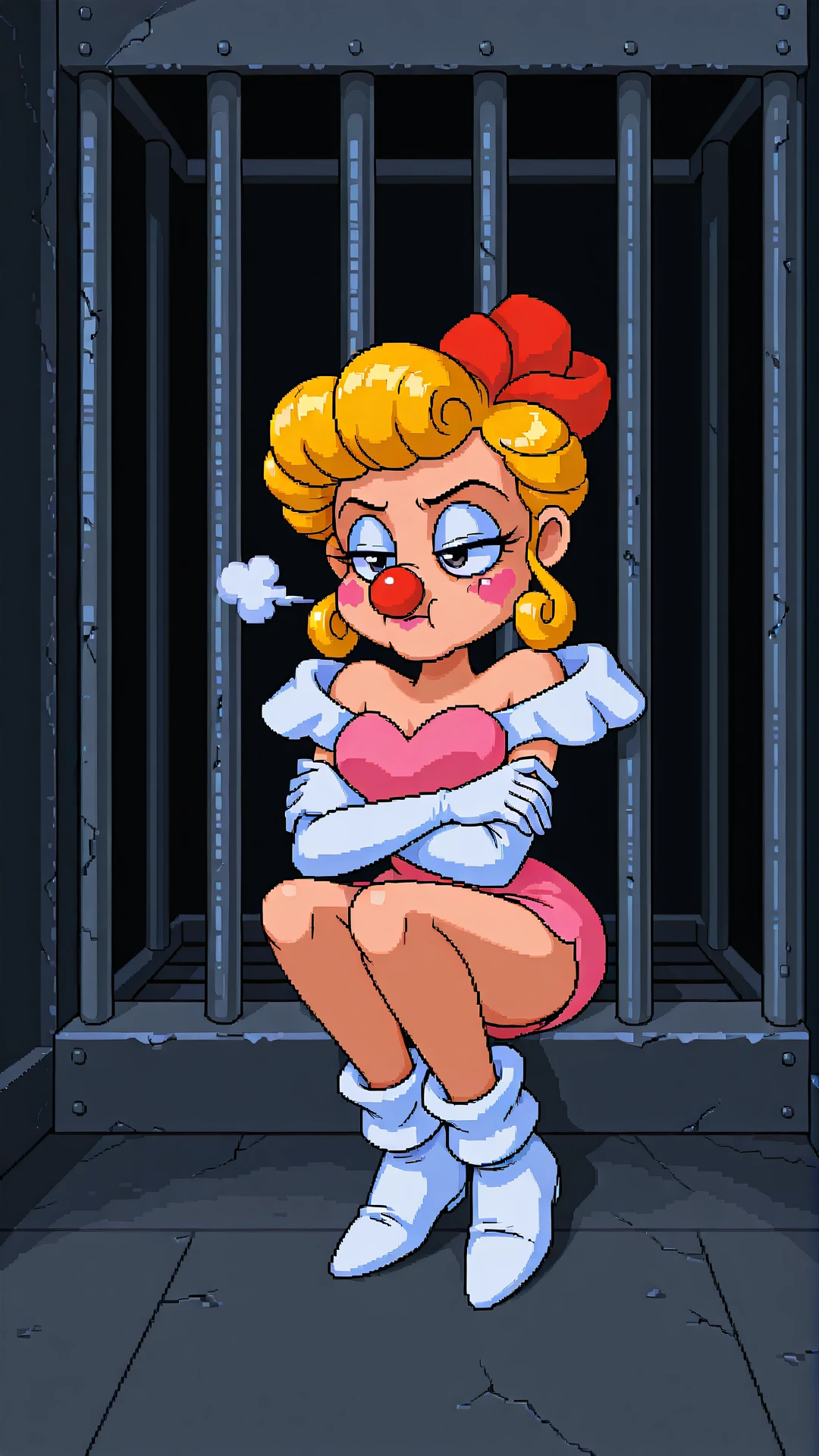 <lora:KK-PrincessHoney:0.8> KK-PrincessHoney, 1girl, blonde hair, clown nose, elbow gloves, pixel art, retro artstyle, no mouth, pout, holding breath, crossed arms, cage, iron bars, behind bars, prison, sitting, on floor, indoors,