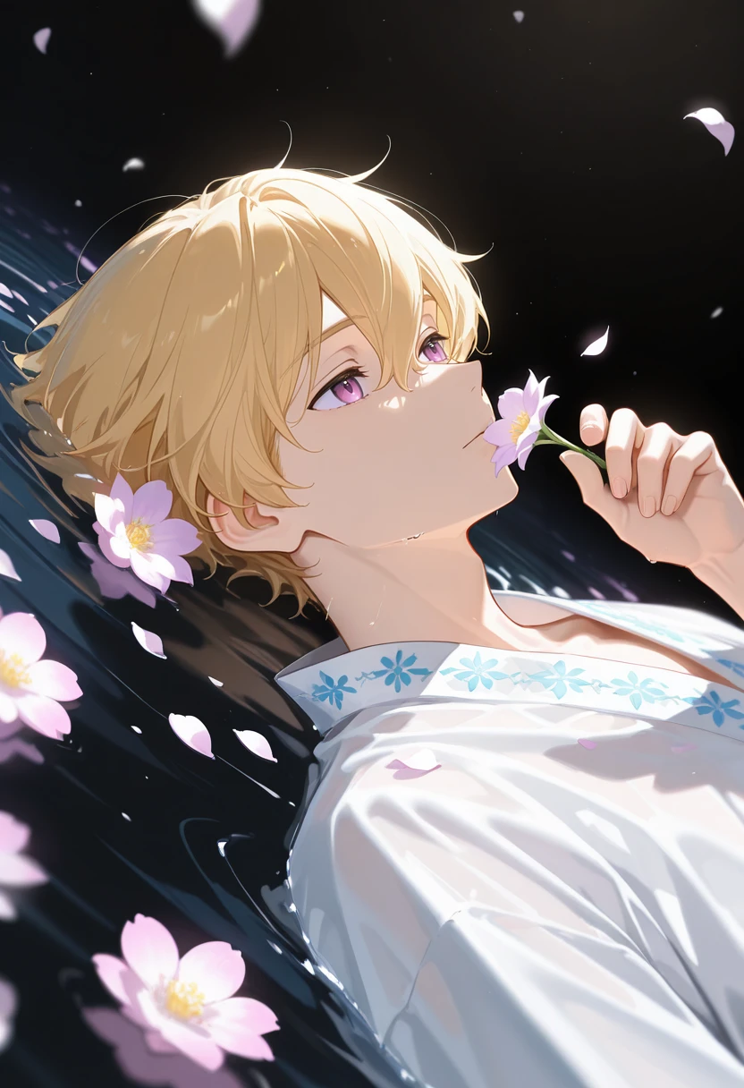very awa, masterpiece, best quality, absurdres, newest, perfect quality, detailed background, intricate details, solo,
<lora:ILFr33Nag1saH4zuk1:1>
Fr33Nag1saH4zuk1, 1boy, male focus, blonde hair, hair between eyes, purple eyes, male focus,  lying on back, black background, water, floating, flower petals, hand up, holding flower, abstract background