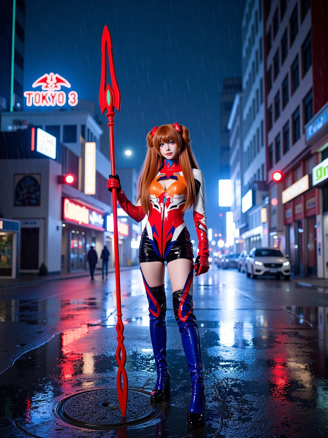 A realistic photo of a tall and slender beautiful young woman in cyb-asuka cosplay costume. She is also wearing gloves and black high heels. She has long orange twintails hair with interface headset. She is holding a spear.
The scene is Rainy night in Tokyo-3, neon-lit streets glistening with reflections, towering skyscrapers descending into the ground for protection, giant mechanical walls closing in around city blocks, steam drifting from manhole covers, red emergency beacons flashing, the distant silhouette of Mount Fuji barely visible through the storm.
The photo is a full body shot with her entire body visible and with intricate details scene.