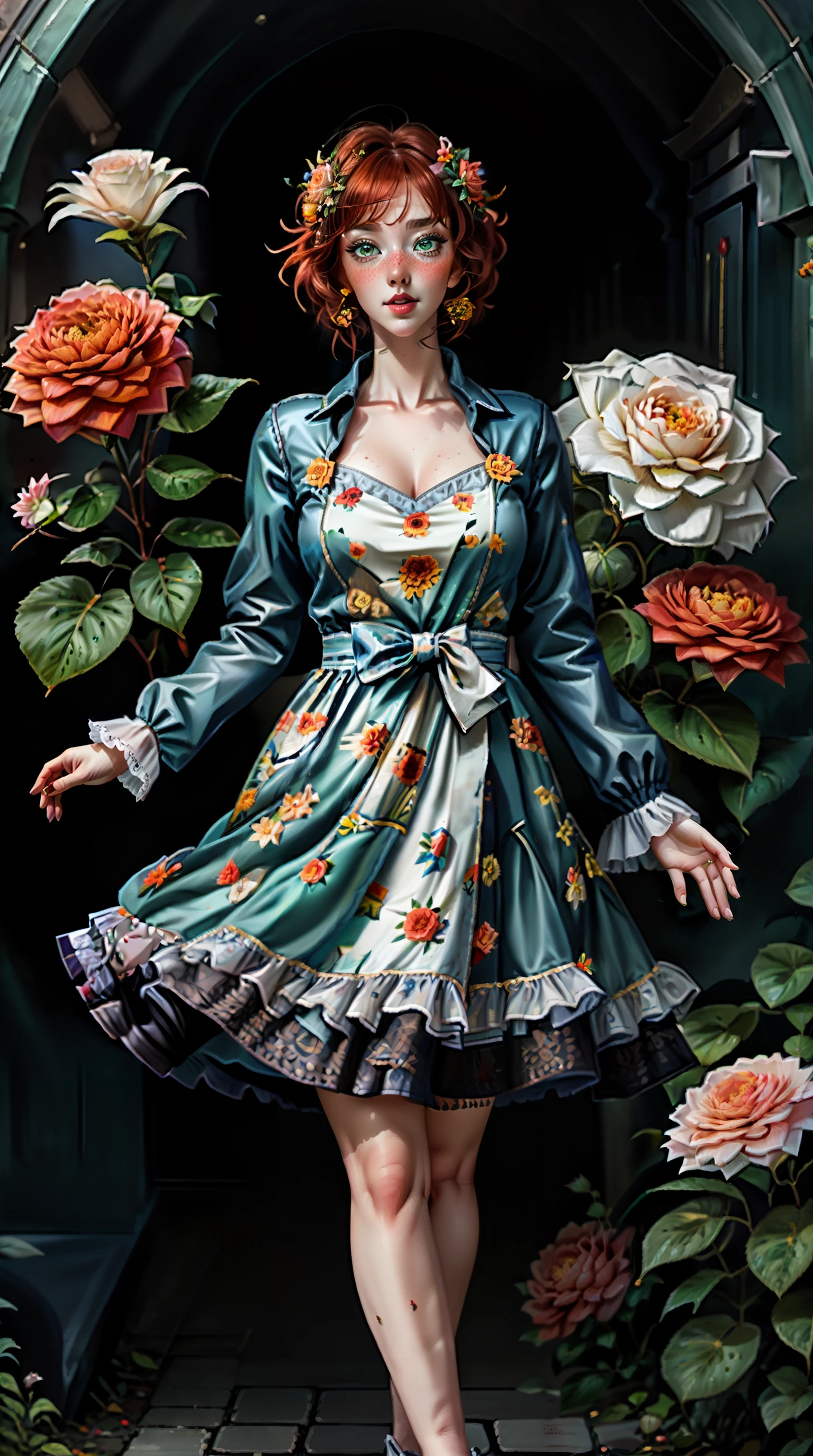 Fullbody gardenia_portraits <lora:Gardenia_Portraits-10:0.7>of a beautiful irish woman, erica <lora:EricaMurphy_1.5>, freckled skin, large doe green eyes, short curly red hair, wearing cns dress <lora:cns_dress_style5_v1:0.5>, dancing in an english rose garden