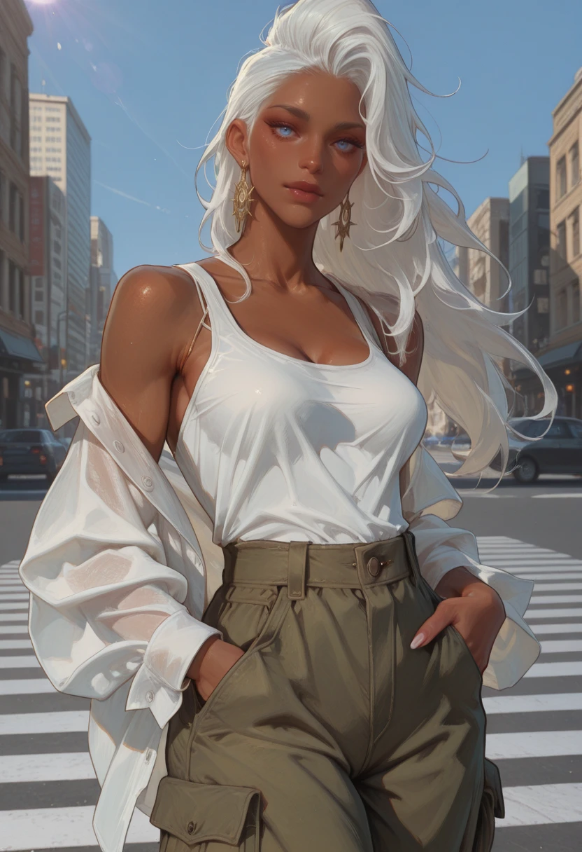 very awa, masterpiece, best quality, absurdres, newest, perfect quality, detailed background, intricate details
<lora:ILMRSt0rm:1>
MRSt0rm, 1girl, dark-skinned female, long hair, white hair, sideburn, blue eyes, earrings, looking at viewer, looking at viewer, masterpiece, best quality, absurdres, highres, open linen shirt, white tank top under, cargo pants, one hand in pocket, cowboy shot, standing in crosswalk, urban vibe, blue sky, sunny light, lens flare