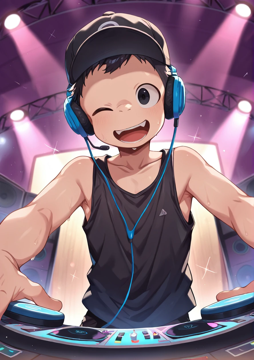 masterpiece,best quality,high quality,highly detailed,intricate,8k,absurdres,1boy,solo,black hair,very short hair,dance hall,music room,lighting,dj,headphone,headwear,black baseball cap,singing,sweat,black tanktop,wink,happy,open mouth,<lora:ããããwaryusya_IL7:1>