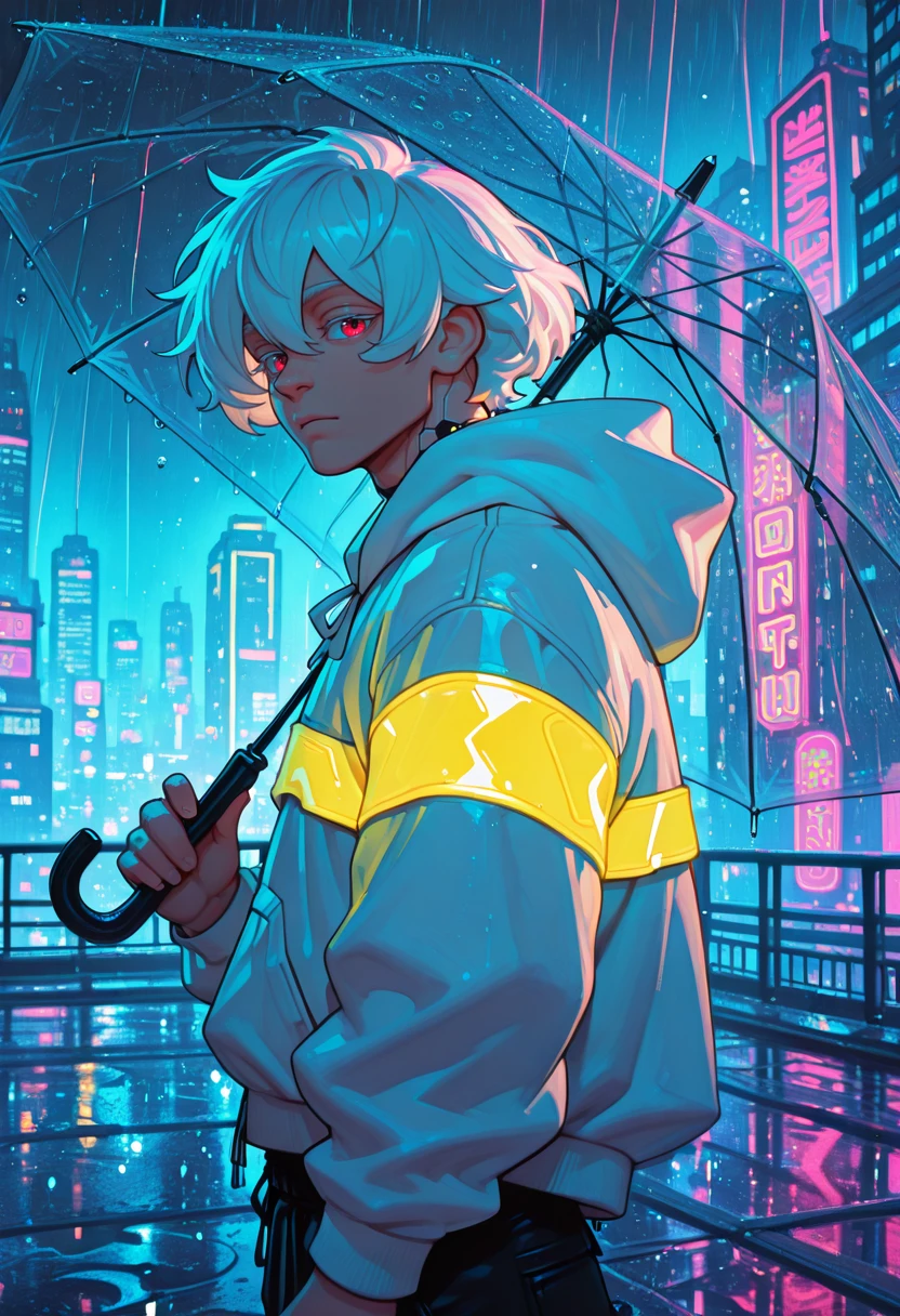 very awa, masterpiece, best quality, absurdres, newest, perfect quality, detailed background, intricate details, solo,
<lora:ILB4kut3nM4sh1ro:1>
B4kut3nM4sh1ro, 1boy, male focus, white hair, hair between eyes, red eyes, short hair, colored eyelashes, looking at viewer, bara, white hoodie, hood down, yellow cyberpunk jacket, black pants, cyberpunk night city, neon signs, fantasy, scifi, futuristic cityscape, raining, holding transparent umbrella, side view, dynamic, neon lighting, urban, backlighting, railing, rooftop, buildings, skyscrapers, colorful theme, vibrant, cinematic, chiaroscuro, puddle, reflection, light particles, light