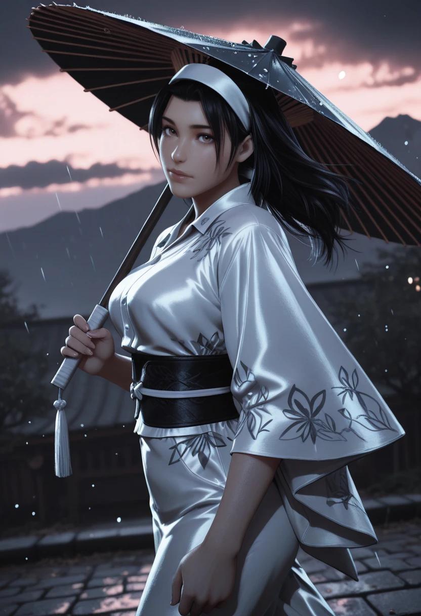 very awa, masterpiece, best quality, absurdres, newest, perfect quality, detailed background, intricate details
<lora:ILTKJun:1>
TKJun, 1girl, black hair, white hairband, long hair, brown eyes, looking at viewer, (HDR, 8K, high contrast, masterpiece, best quality, amazing quality, very aesthetic, super absurdres, high resolution, ultra-detailed, absurdres, newest, scenery, lightrays, cinematic chiaroscuro lighting, dynamic angle, photorealistic, beautiful detailed eyes, detailed skin, detailed hair, volumetric lighting, dappled light, light particles, dramatic shadows, shallow depth of field), from side, walking, holding oil-paper umbrella, old japanese countryside, kimono, japanese clothes, (rain:0.85), dark cloud, gradient cloud, evening, winter