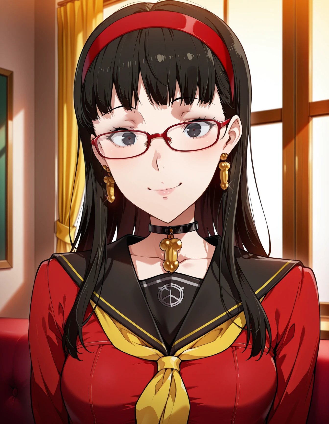 1girl, solo, <lora:Penis_pendant_IL_v1:1>d1ck pendant, gold pendant, <lora:Penis_earring_IL_v1:0.9> d1ck earrings, gold earrings, amagi yukiko, red hairband, glasses, yellow neckerchief, black sailor collar, red shirt, long sleeves, serafuku, smile, yasogami school uniform, red-framed eyewear, persona 4, game cg, official style, black eyes,, masterpiece, best quality, amazing quality, very aesthetic, absurdres, newest,