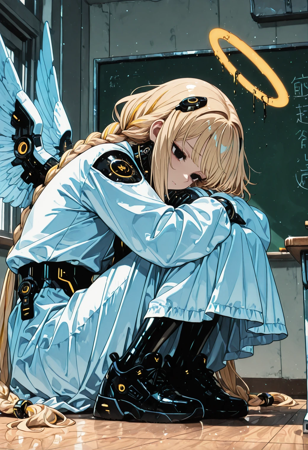 masterpiece, best quality, very aesthetic, abusurdres, 4k, newest, cyber utopia, 1girl, angel costume, halo, shoes, long hair, braided twintail hair, streaked hair, blonde hair, black eyes, sad, villain pose, classroom, from side, close-up, <lora:MoonCyberUtopiaV1.0.0:0.90>,