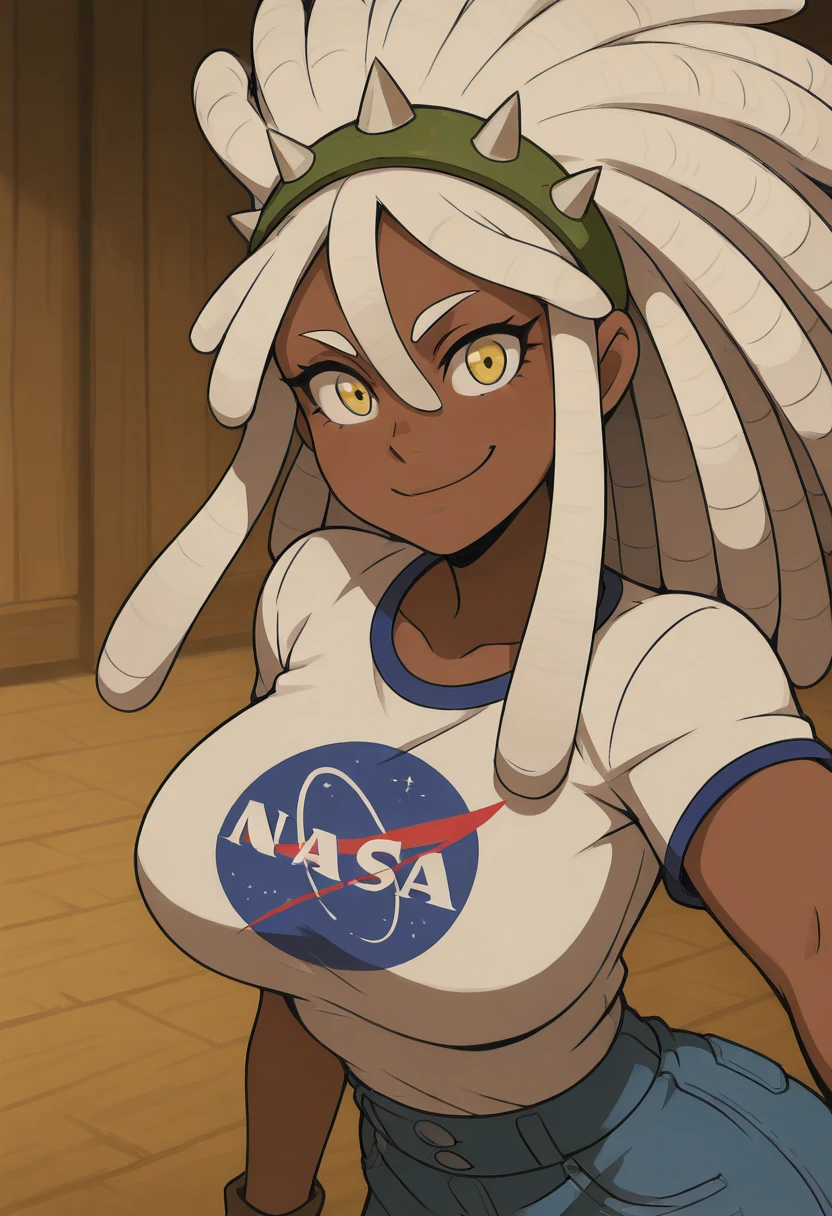 masterpiece, best quality, solo, curvy, beautiful eyes, narrow waist, wide hips, 1girl, solo, smile, looking at viewer, foreshortening, close up,    zzKacti, yellow eyes, white hair, long hair, sidelocks, dreadlocks, dark skin,  <lora:KactiThorn:1.0>, , smile, looking at viewer, N4S4, white shirt, denim skirt, ,<lora:NASAShirtAnime_IXL_v1:1.0>,