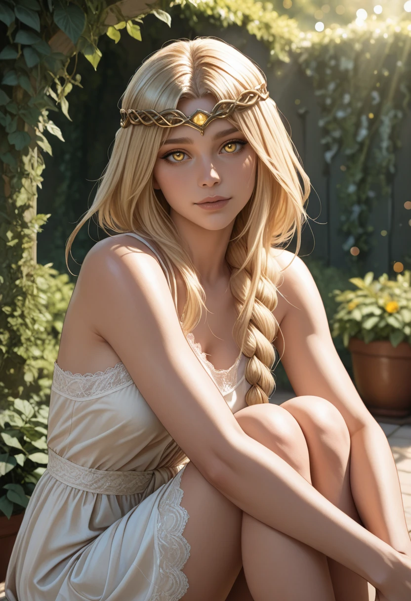 very awa, masterpiece, best quality, absurdres, newest, perfect quality, detailed background, intricate details, solo,
<lora:ILERMarika:1.0>
ERMarika, 1girl, long hair, single braid, blonde hair, circlet, yellow eyes, looking at viewer, outside, garden, lush greens, dappled sunlight, bokeh, upper body, head tilt, sitting, hugging own legs, lace panty visible a little, sundress