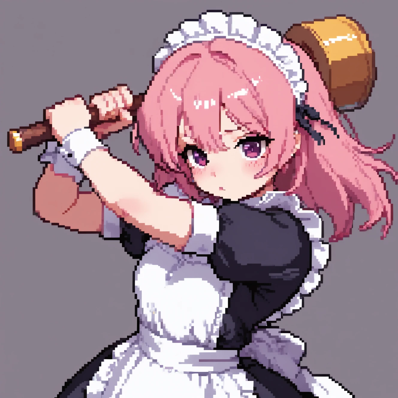 Pixel art style. CivChan with pink hair wearing a maid outfit, she is swinging a large mallet.