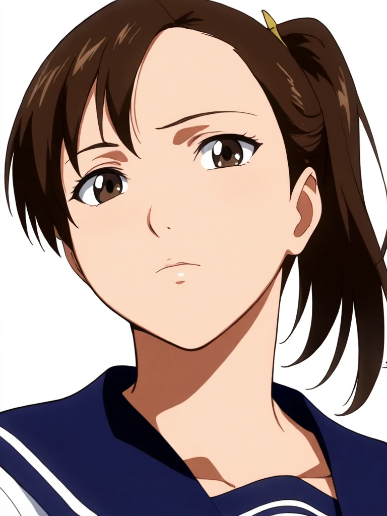 solo,looking at viewer,anime coloring,masterpiece,high score,great score,absurdres,portrait,white background,<lora:YuiNemoto ag4o:1> yuinemoto, brown hair, ponytail, brown eyes,serafuku,