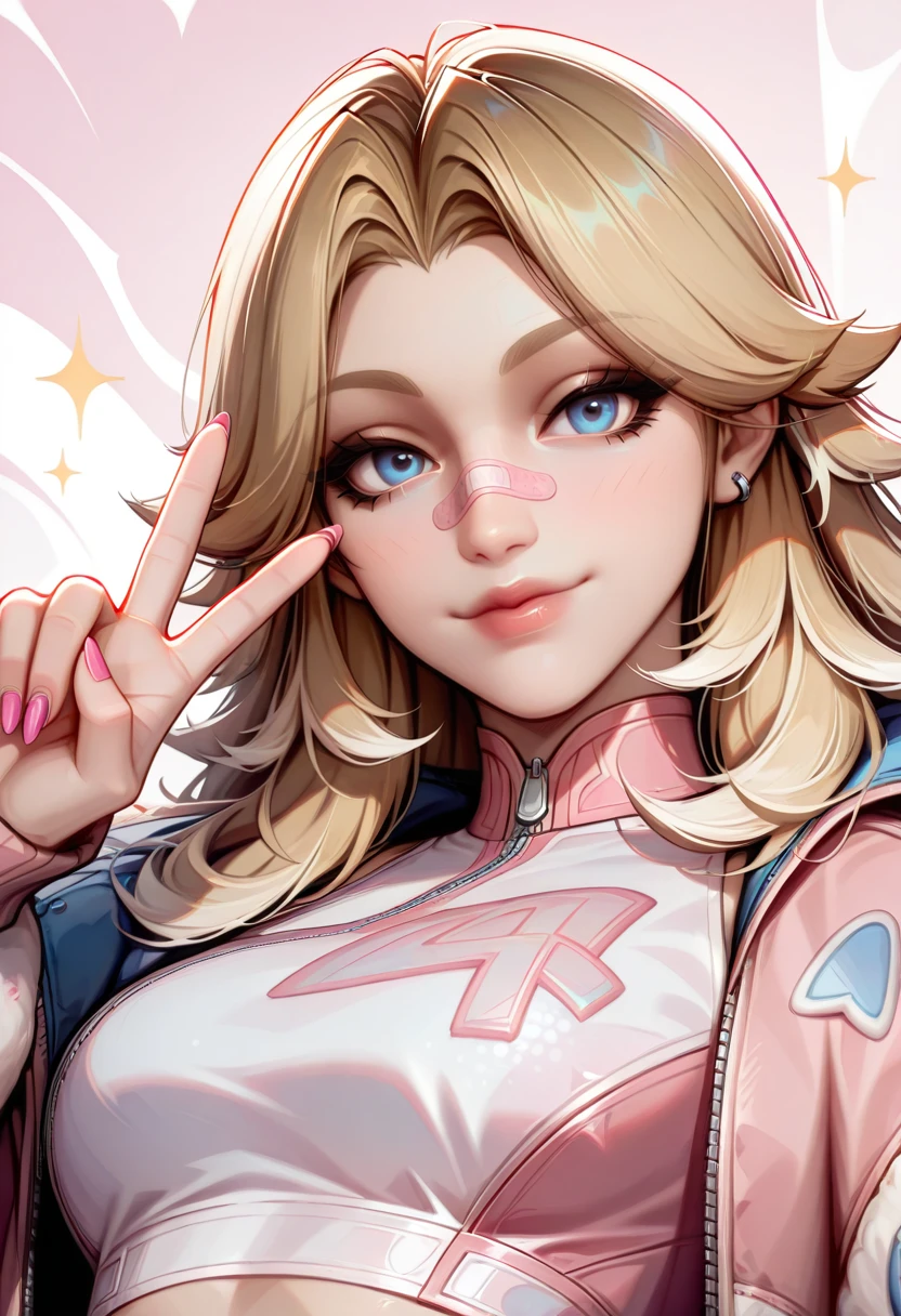 very awa, masterpiece, best quality, absurdres, newest, perfect quality, detailed background, intricate details, solo,
<lora:ILMRInvW0m4n:1>
MRInvW0m4n, 1girl, blue eyes, blonde hair, long hair, looking at viewer, wearing a loose bomber jacket in pastel pink with cute patches, white crop top underneath, pink band-aid on nose, background with small floating sparkles, playful "fake tough girl" vibe, soft lighting, dynamic pose, dynamic angle, close up, portrait, eye focus, long pink nails, confident smile, mischievous expression, head tilted slightly, peace sign gesture near right eye