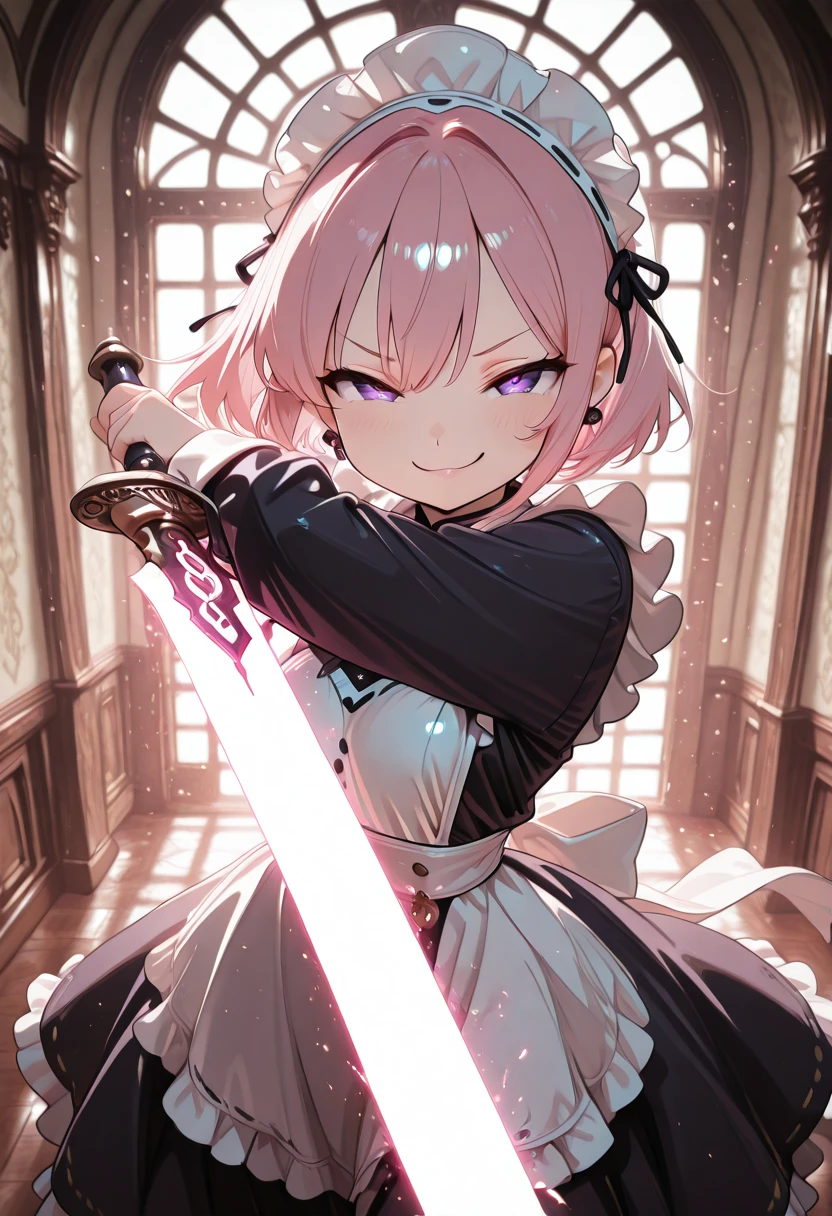masterpiece, best quality, amazing quality, 4k, very aesthetic, high resolution, ultra-detailed,  ,[],   C1tr0nSw0rd, glowing sword, smug, lookng at viewer, 1girl, solo, pink hair, short hair, purple eyes, maid, maid outfit, maid headdress,   ,[], cinematic lighting, rim light, detailed background, depth of field, volumetric lighting,    (incoming attack, foreshortening),  <lora:CivChan:0.8>,  <lora:EpicSwordStyle_IXL:1.0>,