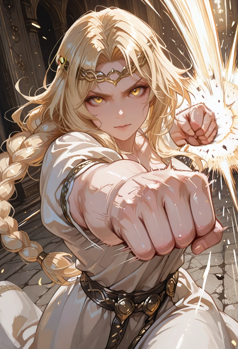 very awa, masterpiece, best quality, absurdres, newest, perfect quality, detailed background, intricate details, solo,
<lora:ILERMarika:1.0>
ERMarika, 1girl, long hair, single braid, blonde hair, circlet, yellow eyes, looking at viewer, action pose, ((motion line, punching, hitting viewer, focus punch, straight jab))