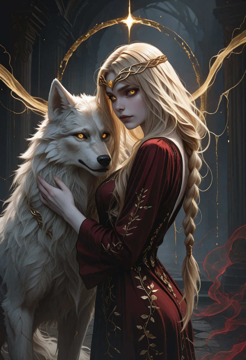 very awa, masterpiece, best quality, absurdres, newest, perfect quality, detailed background, intricate details, solo,
<lora:ILERMarika:1.0>
ERMarika, 1girl, long hair, single braid, blonde hair, circlet, yellow eyes, looking at viewer, side view, pale skin, flowing black and red dress, gold accents, embracing white wolf, glowing red wolf eyes, swirling fur, ethereal tendrils, misty background, dark tones, soft smoke, gothic atmosphere, haunting setting