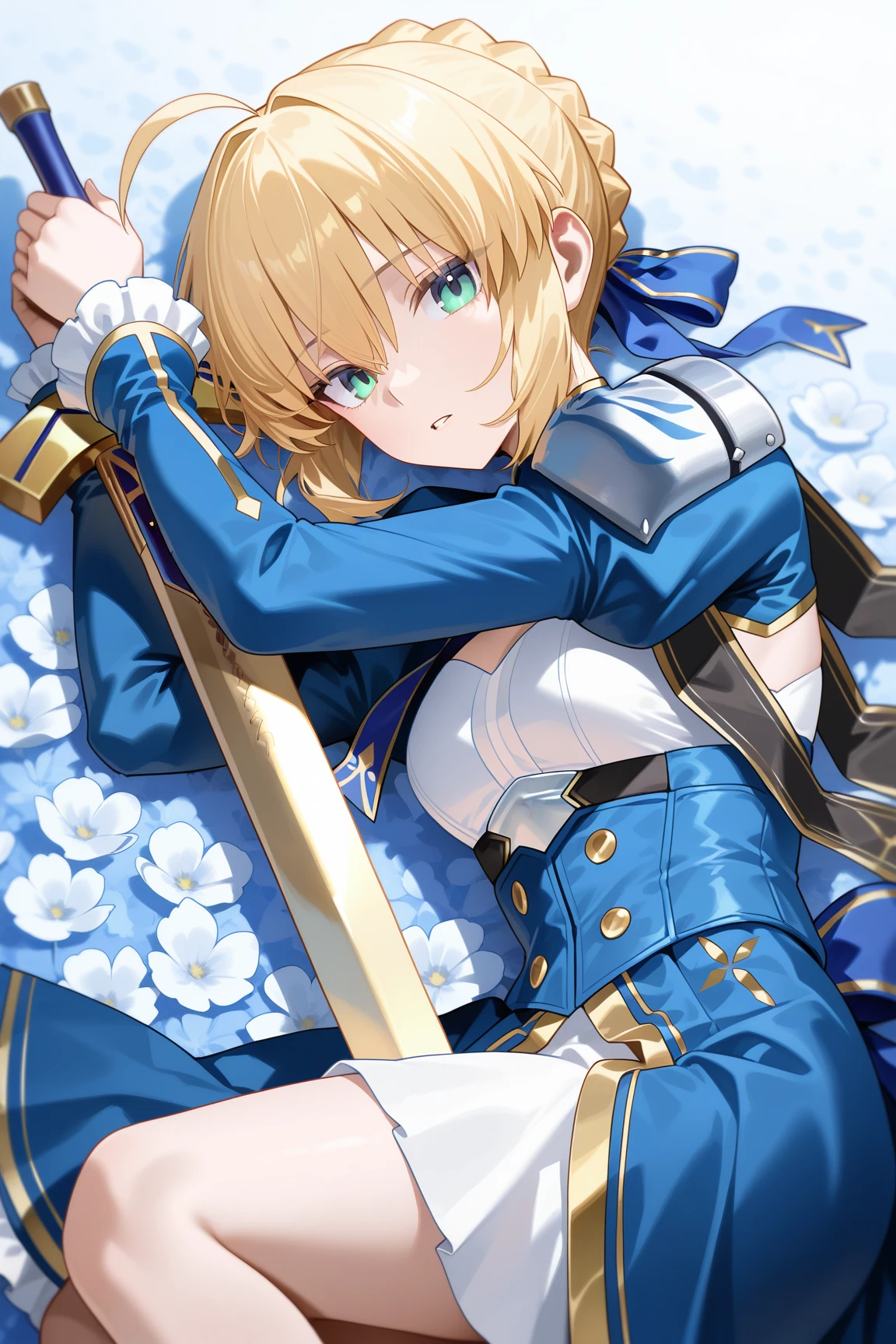<lora:c_saber (honkai star rail)_(fate)_ilv1.0-xl:1>,saber \(honkai star rail\) \(fate\), 1girl, artoria pendragon \(fate\), saber \(fate\), solo, weapon, sword, ahoge, lying, excalibur \(fate/stay night\), looking at viewer, dress, braid, holding, long sleeves, on side, holding weapon, parted lips, juliet sleeves, ribbon, flower, holding sword, blue dress, puffy sleeves, hair ribbon, hair between eyes, hair bun, french braid, blue ribbon, braided bun, armor, masterpiece, best quality,