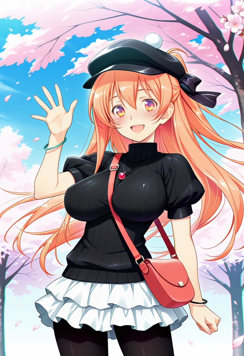 masterpiece, best quality, amazing quality, very aesthetic, absurdres, ultra detailed, 
1girl, solo, m1kam1_ak1ra, long hair, ponytail, orange hair, orange eyes, hair ribbon BREAK ribbed black sweater, turtleneck, untucked, puffy short sleeves, white skirt, frilled skirt, mini skirt, pantyhose, strap between breasts, bracelet, shoulder bag, black newsboyãhat, pom pom (hat), pendant,
standing, waving, blush, looking at viewer, cherry blossom tree, blue sky,(petals:1.3),wind,(chromatic aberration:1.3) <lora:mikami akira  v1.0a-000012:1>