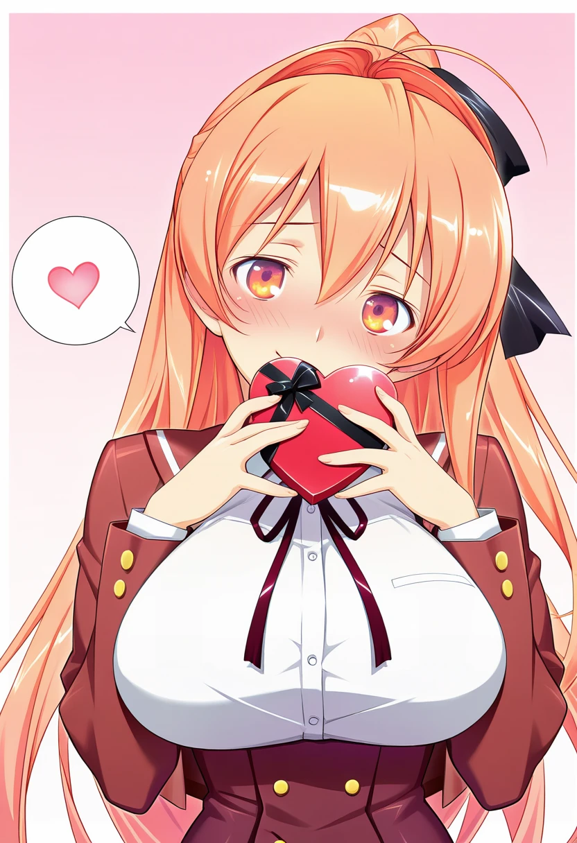 masterpiece, best quality, amazing quality, very aesthetic, absurdres, ultra detailed, 
1girl, solo, m1kam1_ak1ra, long hair, ponytail, orange hair, orange eyes, hair black ribbon BREAK school uniform, neck ribbon, red jacket, pleated skirt, long sleeves, framed breasts, 
lovestruck, shy smile, Radiant, blush, head tilt, looking at viewer, spoken heart, standing, holding heart gift, hand over own mouth, gradient background, pink background, front view, upper body, ultra detailed, best hands <lora:mikami akira  v1.0a-000012:1>